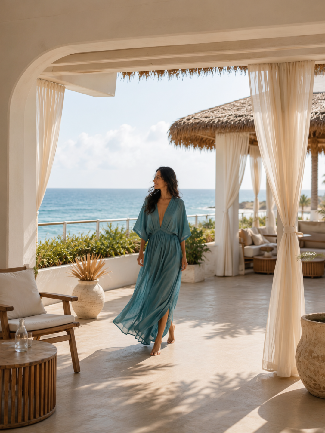 Teal kaftan dress styled as a long caftan dress for elevated resort wear, worn barefoot in a tropical oceanfront villa with breezy vacation style.