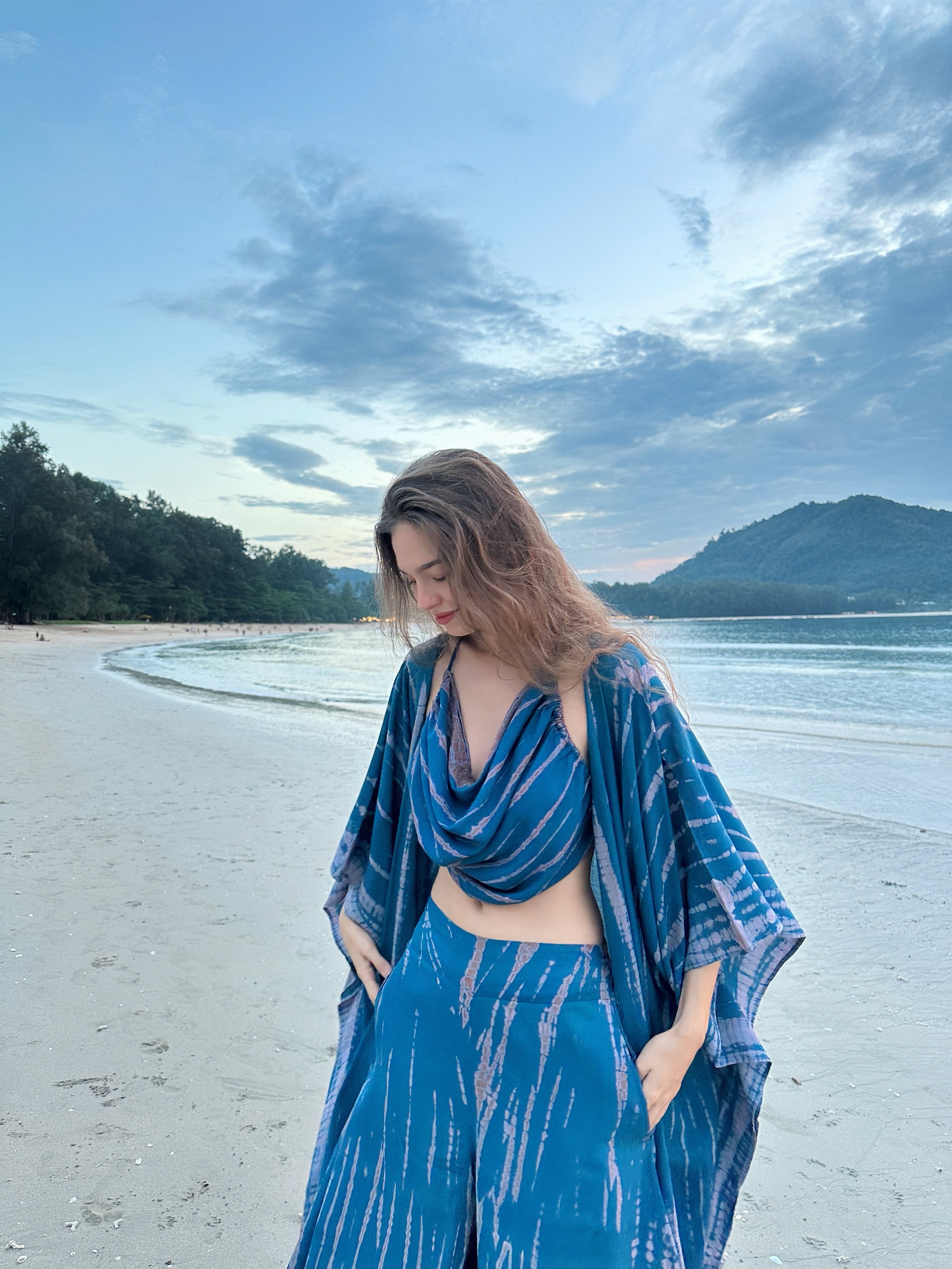 Maya Tie Dye Kaftan Kimono in Teal - Set