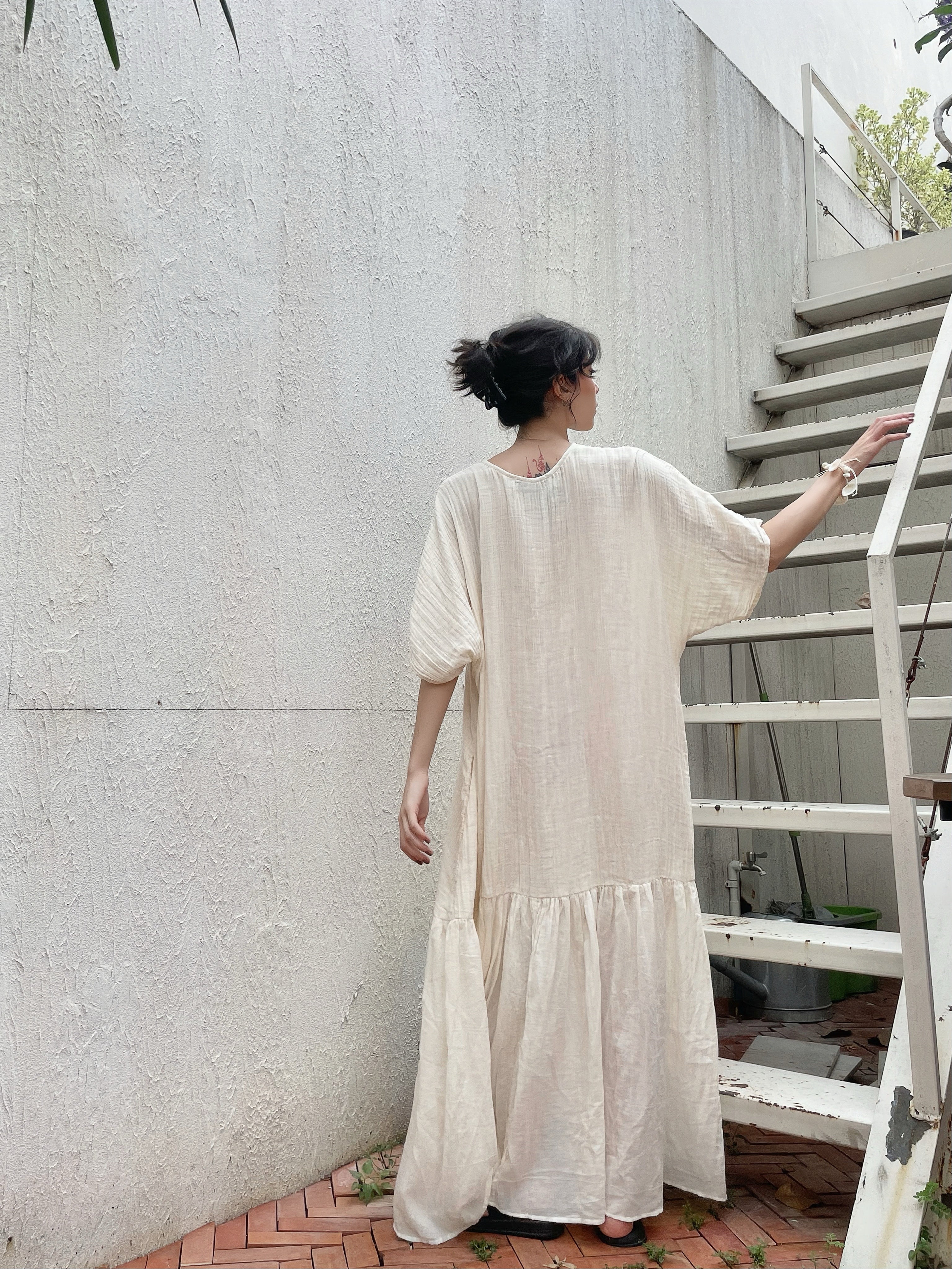 Shop Coco de Chom Off-white oversized Breezy Cotton Kaftan Dress, made from natural raw cotton. The lightweight and relaxed design is perfect maxi dress for vacations, offering both comfort and style.