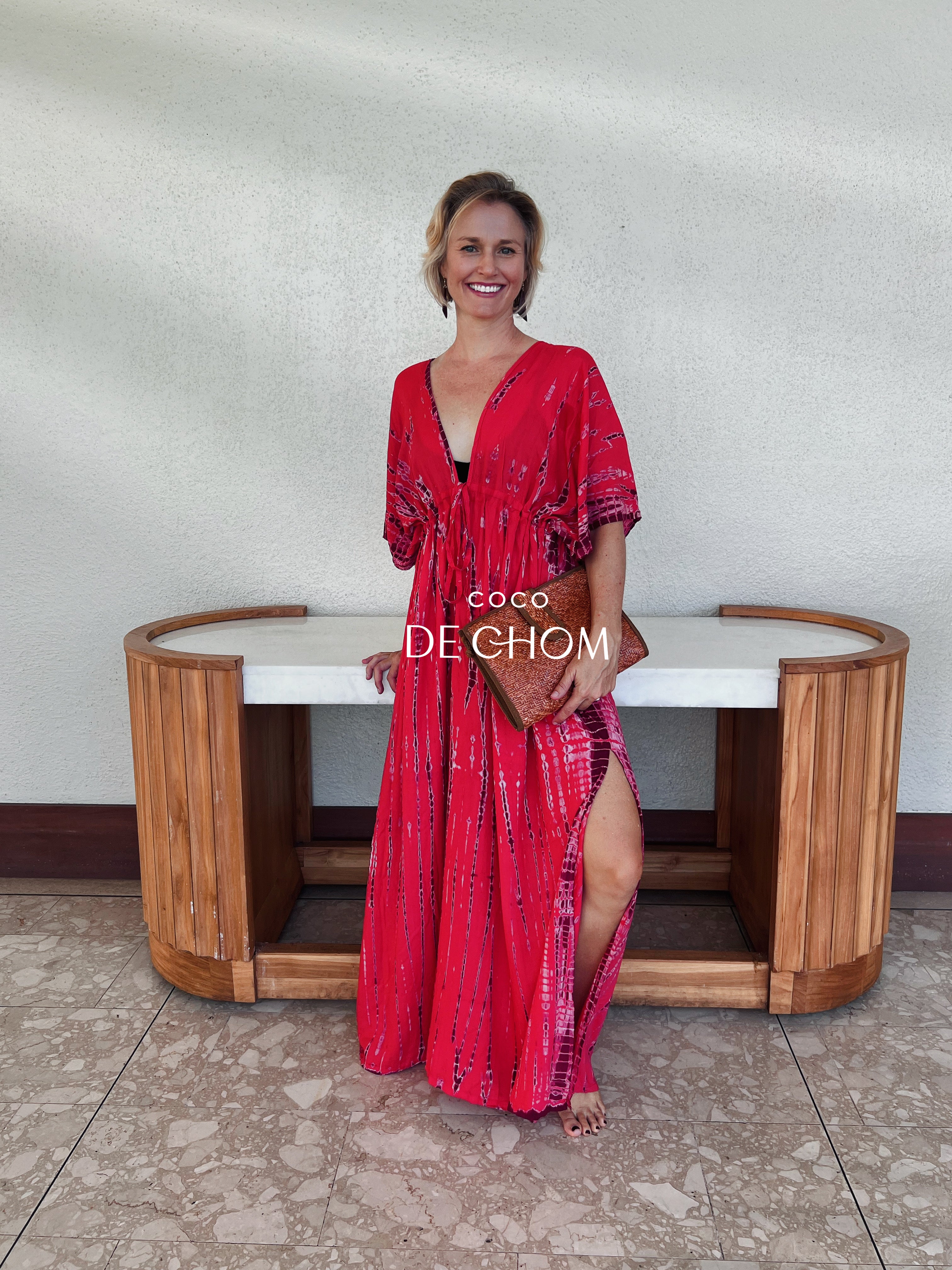 Goddess Tie Dye Kaftan Maxi Dress in Red Coral
