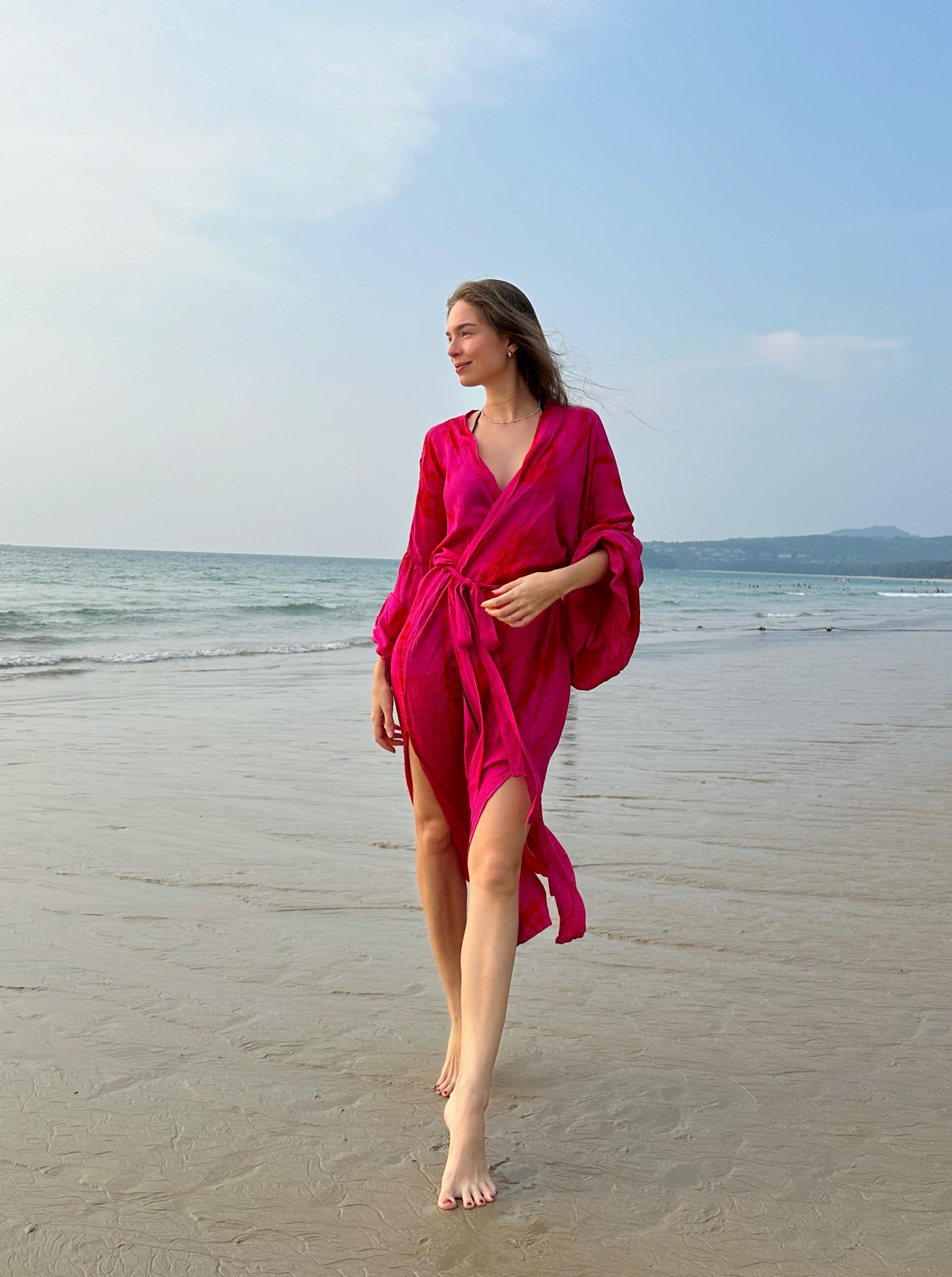 Shop Fuchsia Kimono Robe Tie Dye is as luxurious as it is versatile, Hot pink kimono robe tie dye for beach coverup, boho style tie dye kimono robe , handmade Pink kimono robe tie dye Coco de Chom