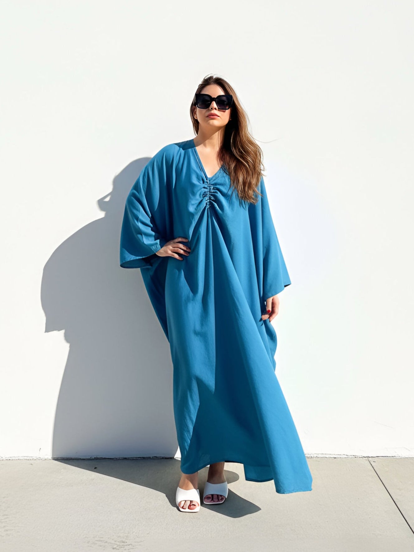 Teal blue oversized kaftan maxi dress (ocean teal), plus size beach cover up with long sleeves and flowy drape for resort vacation wear