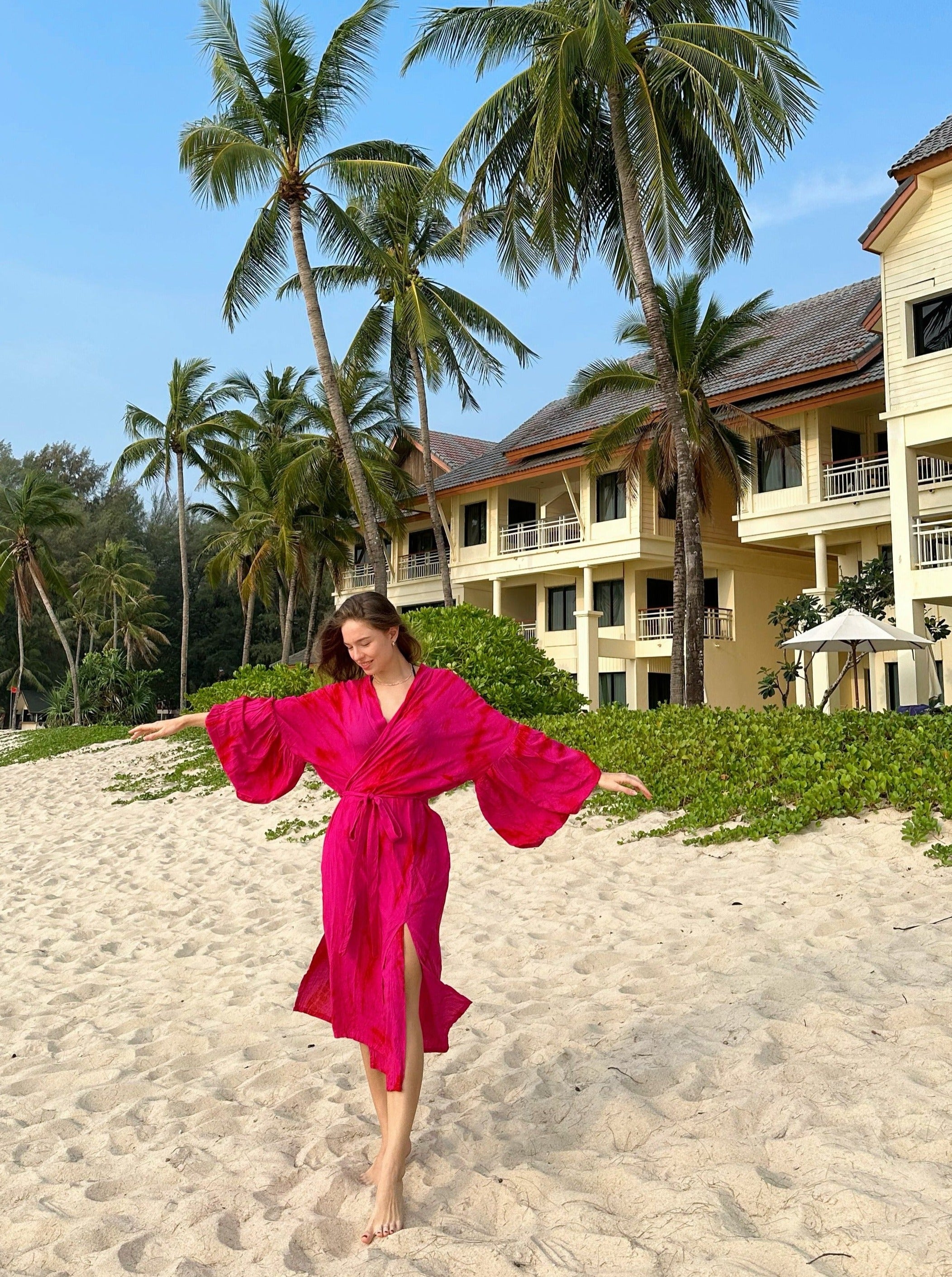 Shop Fuchsia Kimono Robe Tie Dye is as luxurious as it is versatile, Hot pink kimono robe tie dye for beach coverup, boho style tie dye kimono robe , handmade Pink kimono robe tie dye Coco de Chom