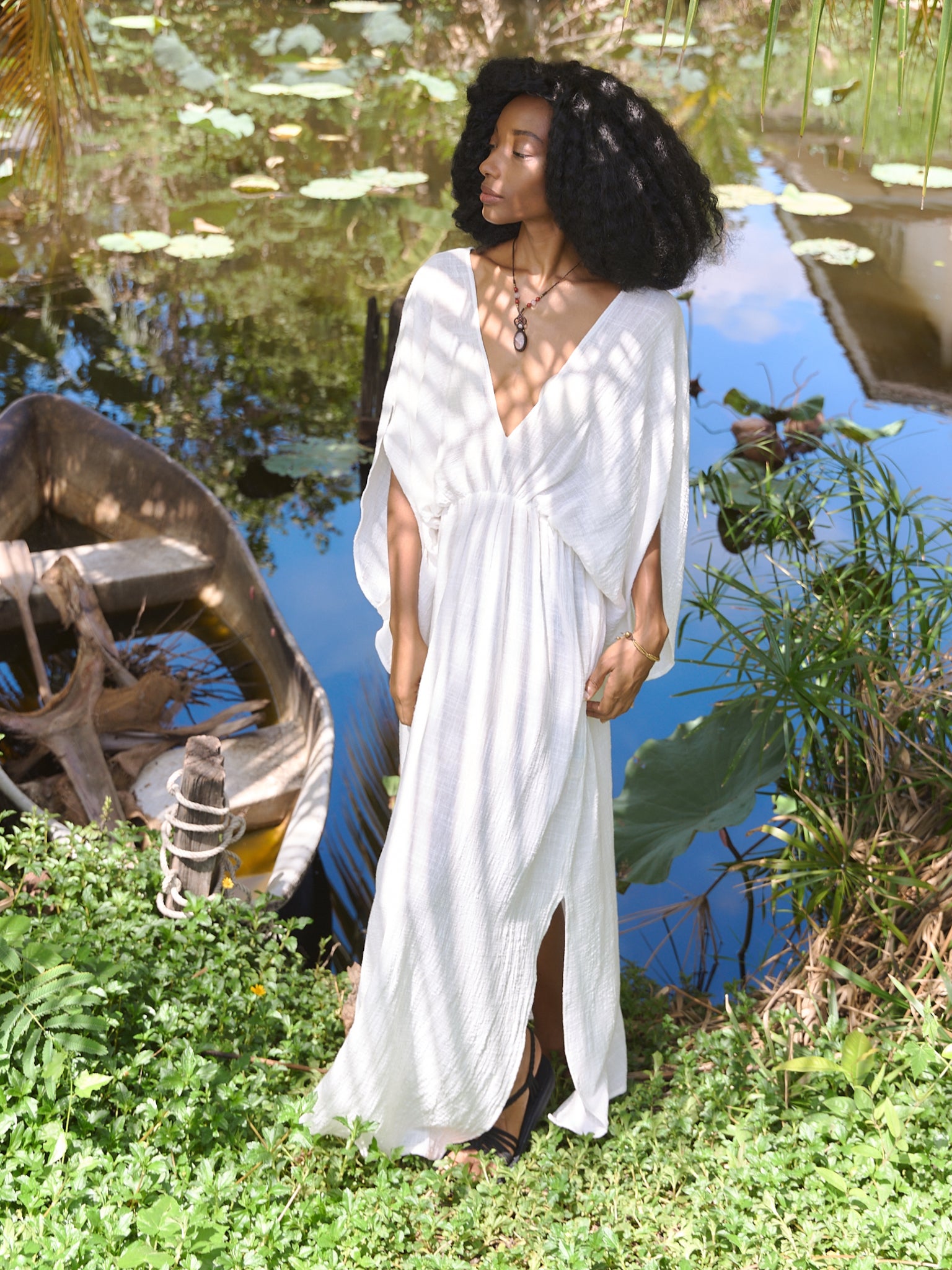 Shop White Cotton Linen Goddess Kaftan Dress, Deep V Neck Kaftan Dress - Beach Coverup- Bohemian Long Kaftan | Coco De Chom?