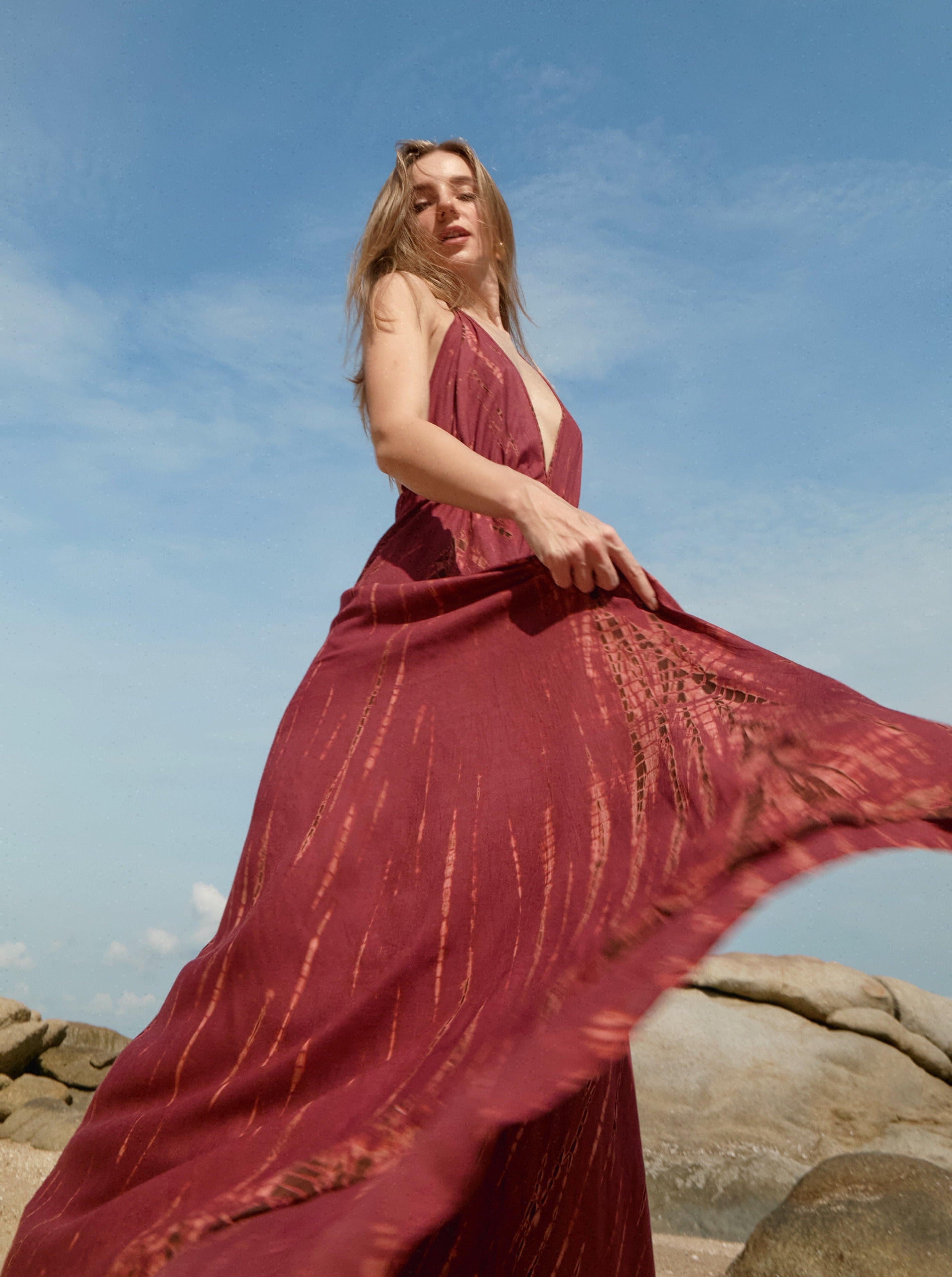 Shop TIE DYE OPEN BACK HALTER DRESS | Summer Maxi Dress | Tie Dye Maxi Dress - Burgundy, Resortwear beach dress with Coco De Chom