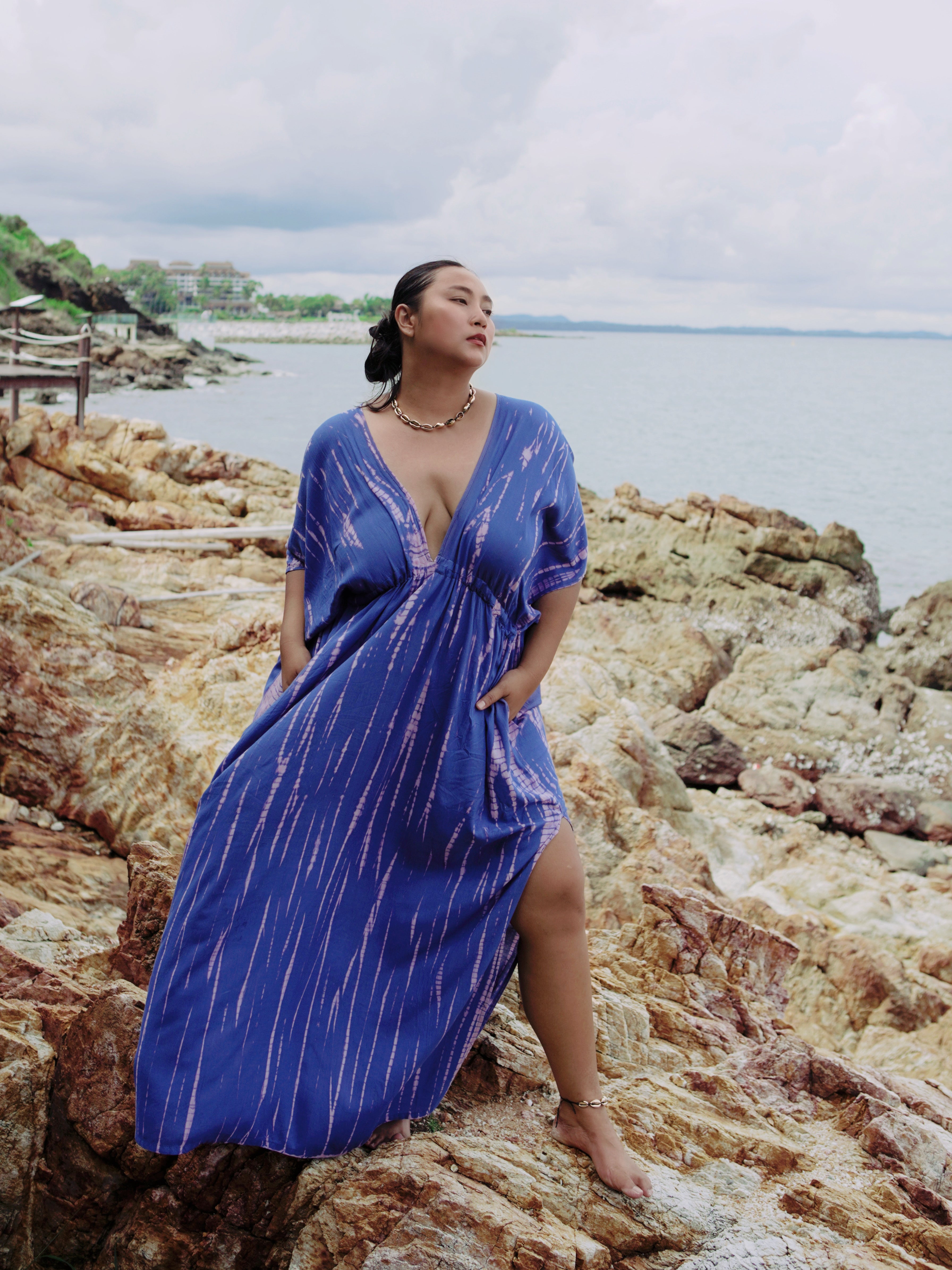 Switch to vacay mode with our Goddess Tie Dye Kaftan Maxi Dress, Long kaftan in blue, perfect for resort wear for your next vacation with Coco de Chom