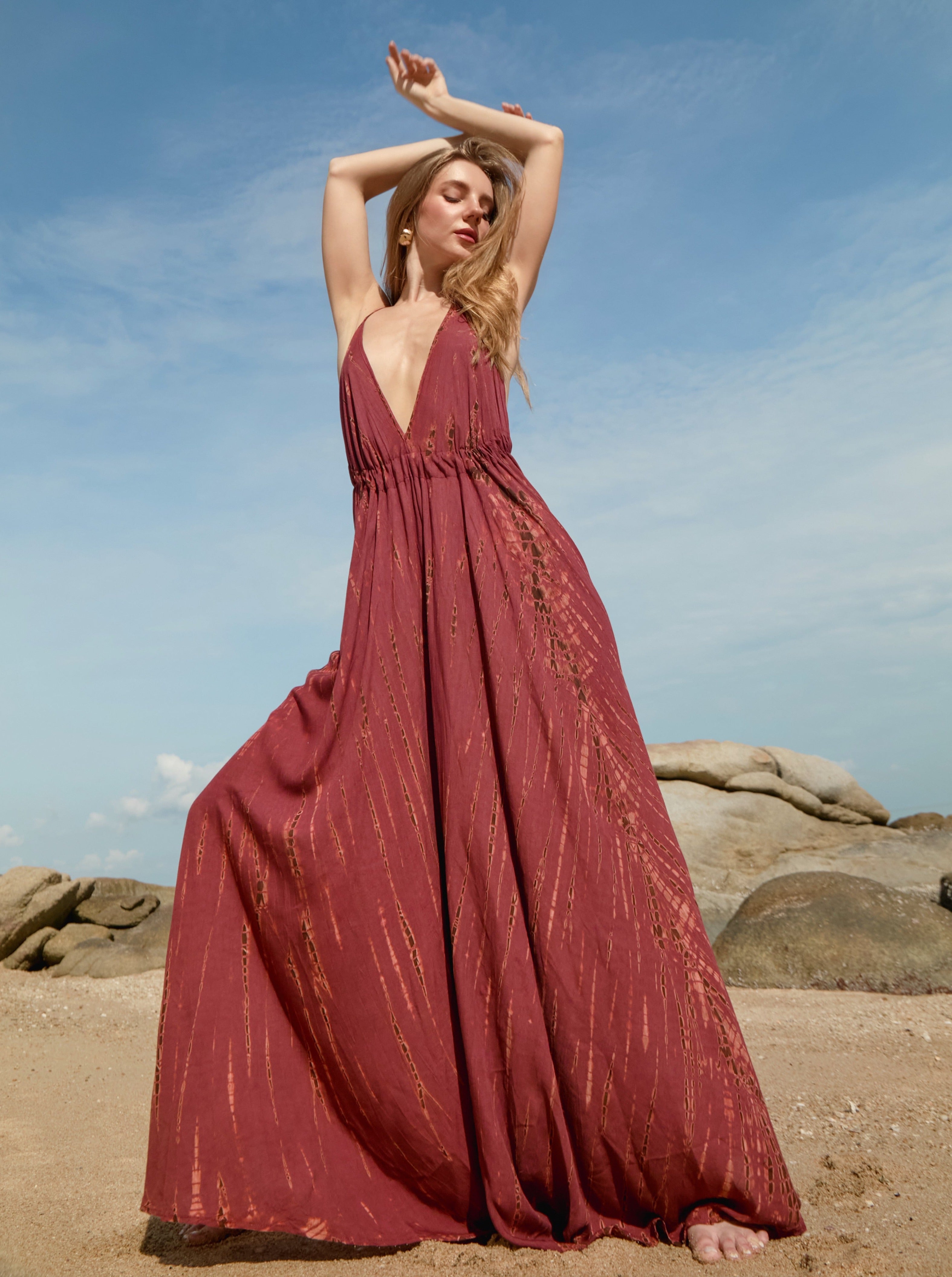 Shop TIE DYE OPEN BACK HALTER DRESS| Summer Maxi Dress | Tie dye Maxi Dress - Burgundy, Resortwear beach dress with Coco De Chom?