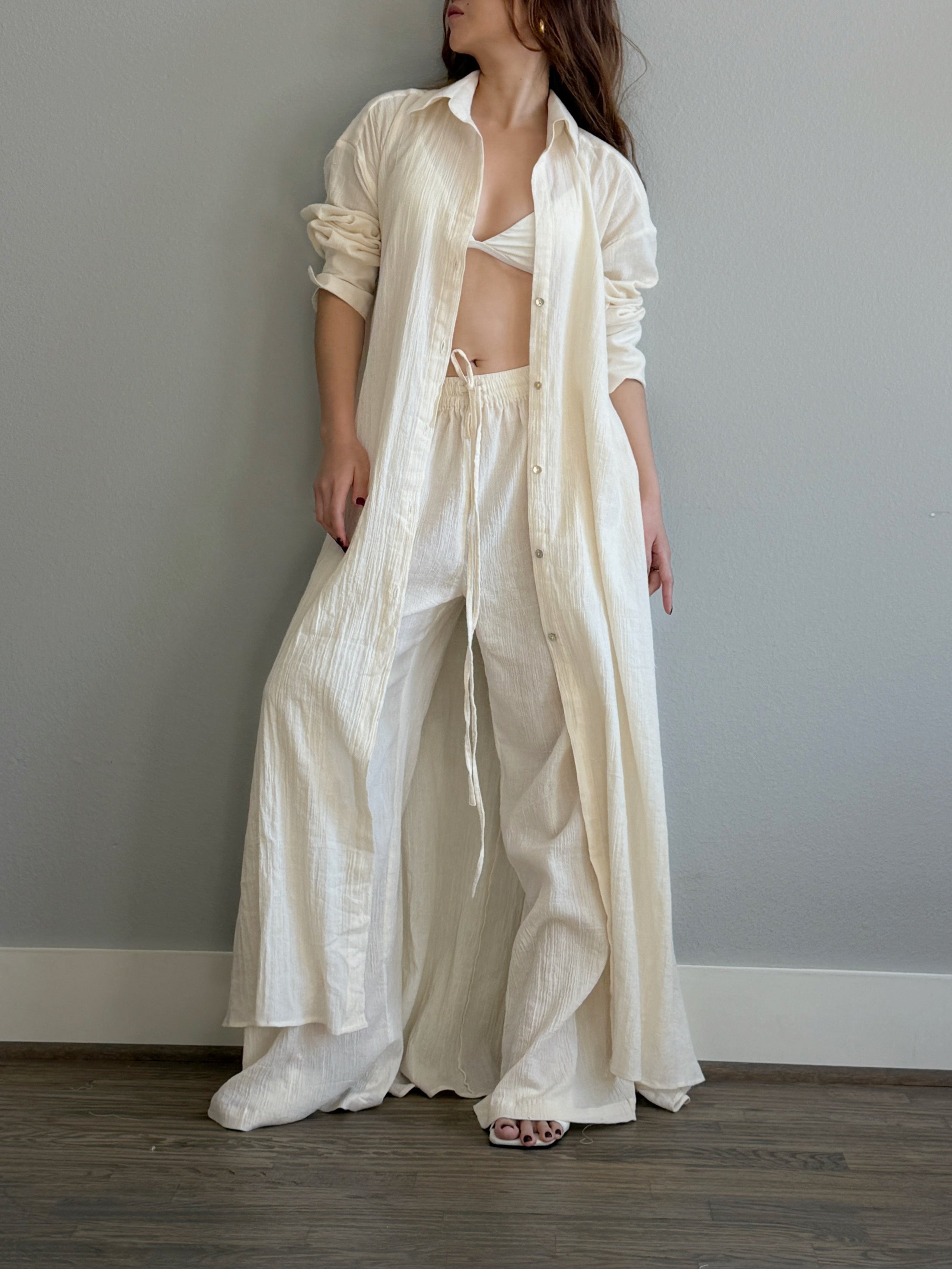 Natural organic cotton button down shirt dress, relaxed boho maxi beach cover up for resort wear