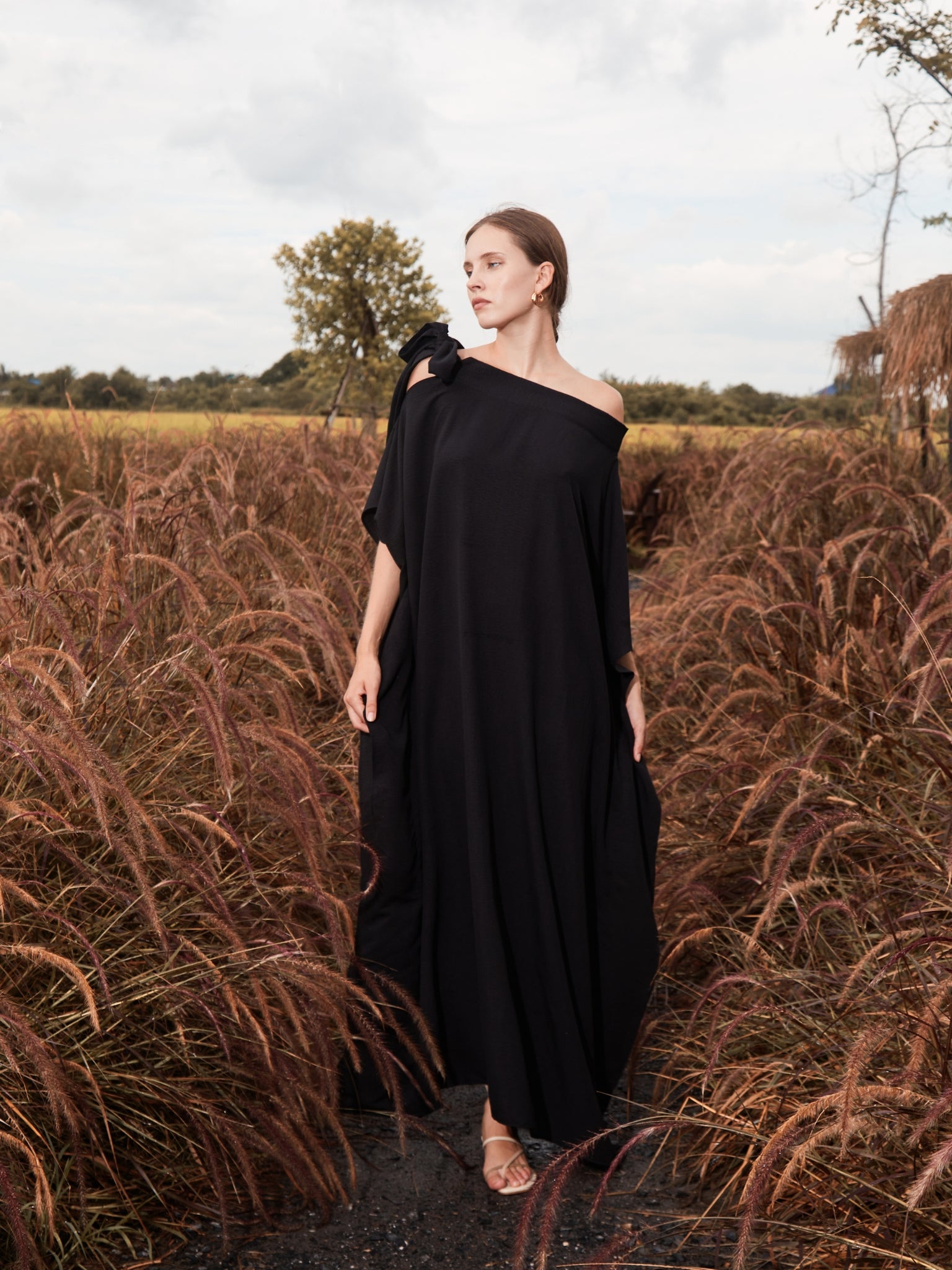 Shop minimalist black kaftan, off shoulder maxi dress, eco friendly fabric, elegant style for everyday vacay