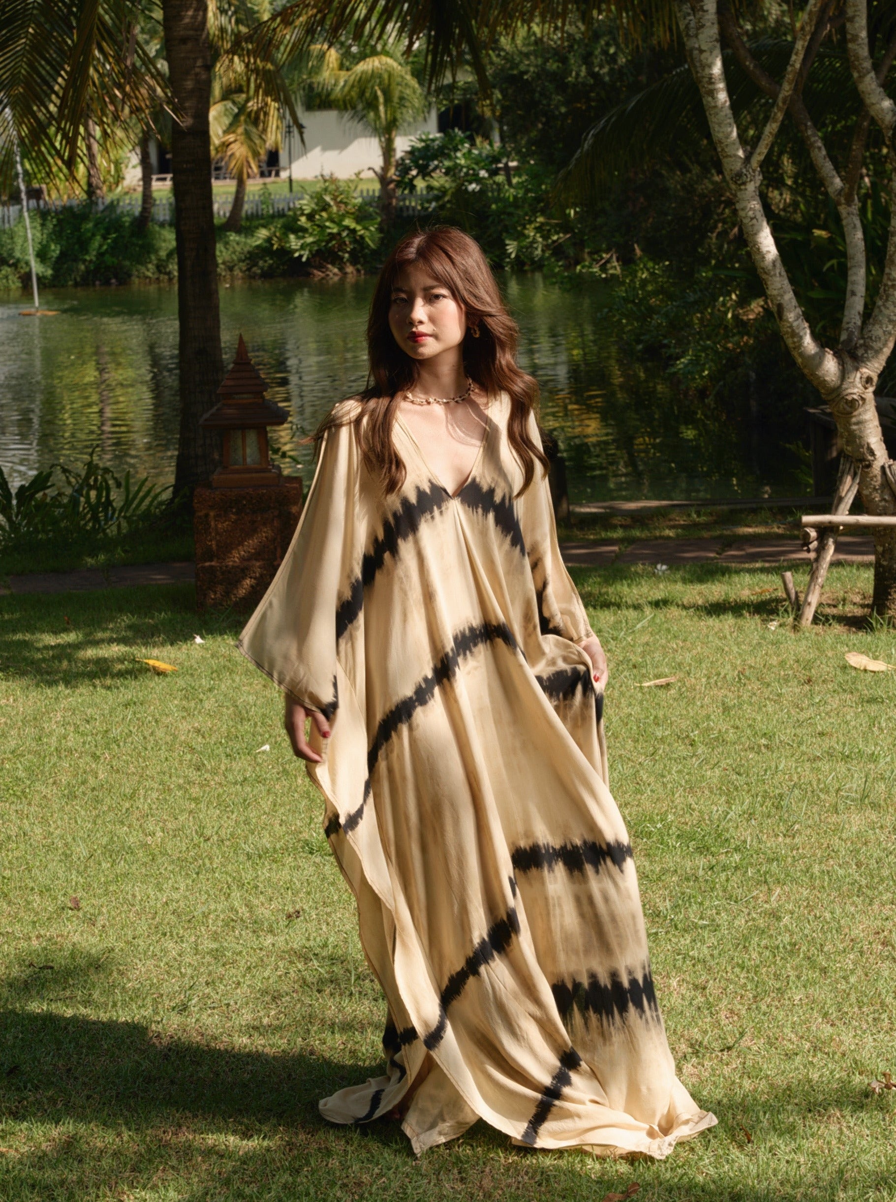 Shop Tie dye V Neck Kaftan Dress - Boho Cold Shoulder Caftan - Bohemian Long Kaftan Zebra | Coco De Chom