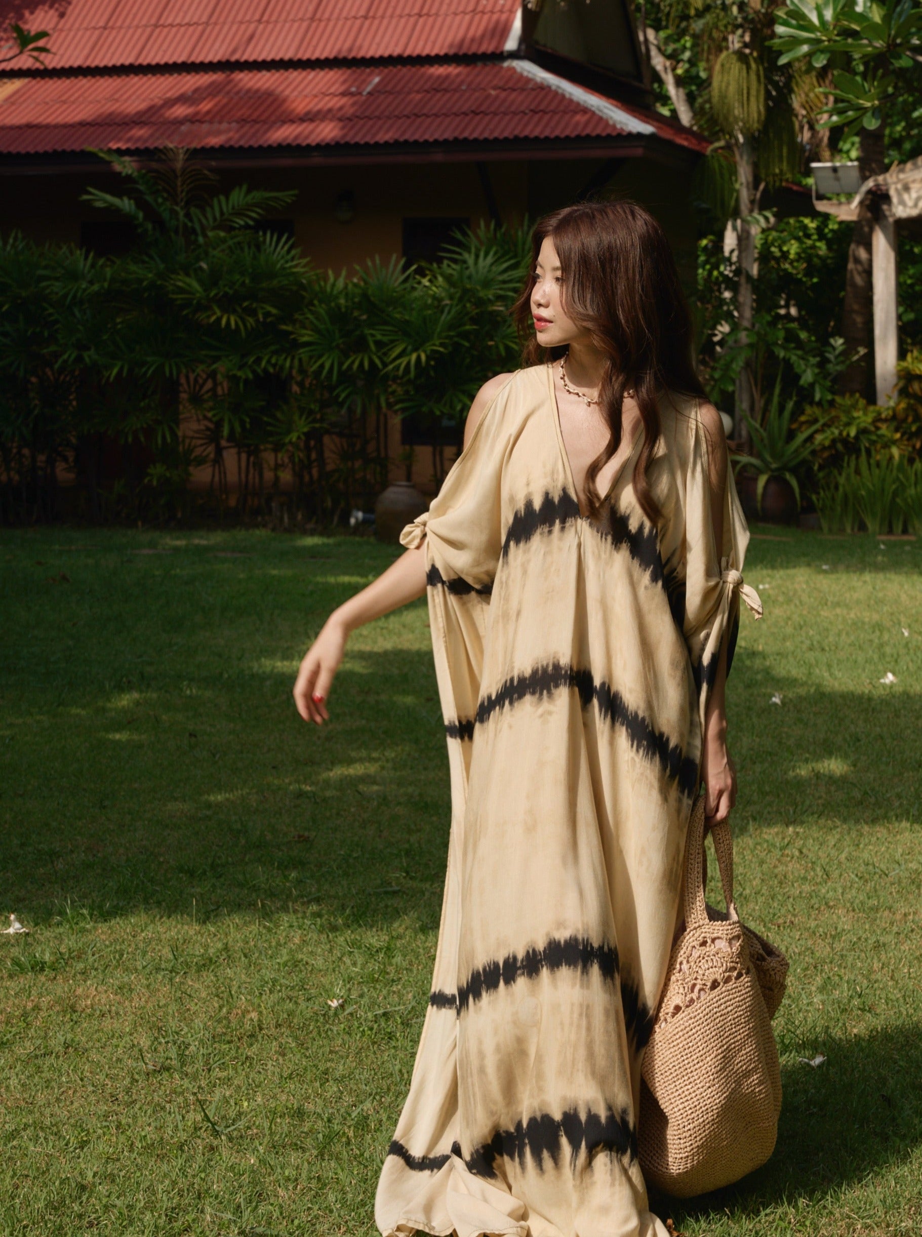 Shop Tie dye V Neck Kaftan Dress - Boho Cold Shoulder Caftan - Bohemian Long Kaftan Zebra | Coco De Chom