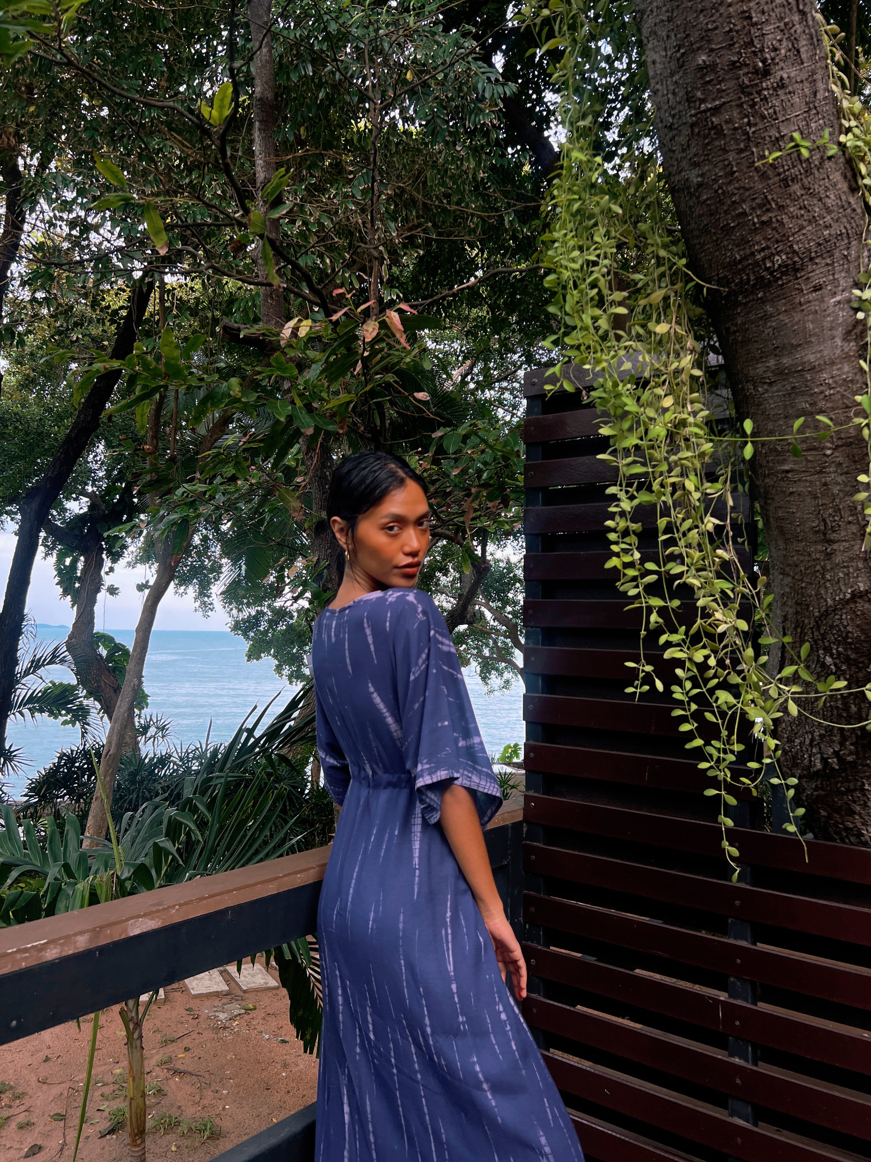 Switch to vacay mode with our Goddess Tie Dye Kaftan Maxi Dress, Long kaftan in blue, perfect for resort wear for your next vacation with Coco de Chom