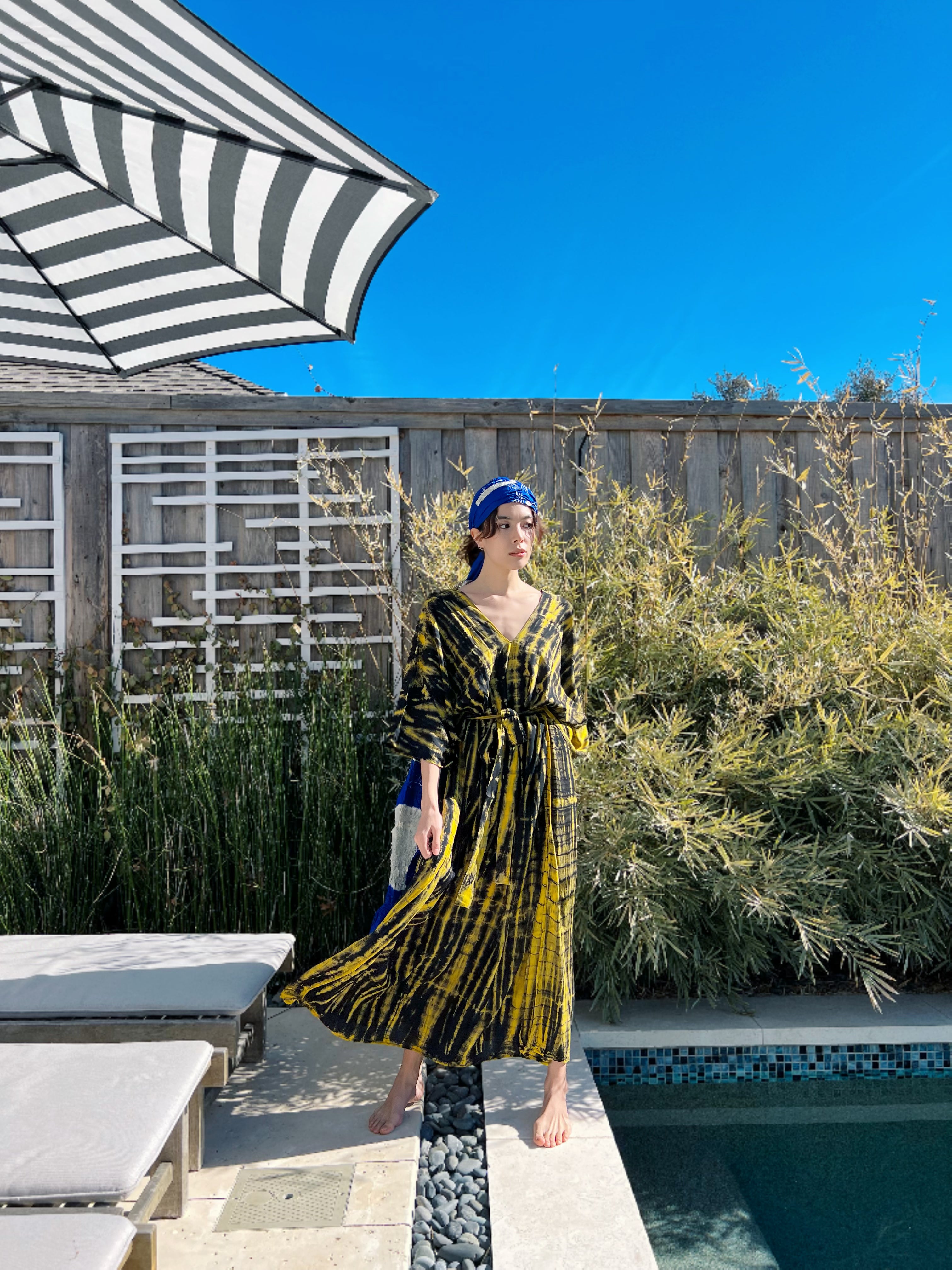 Shop Boho Tie Dye Kaftan, Oversized Caftan in yellow, Maxi Kaftan in tie dye, all handmade with love with Coco de Chom