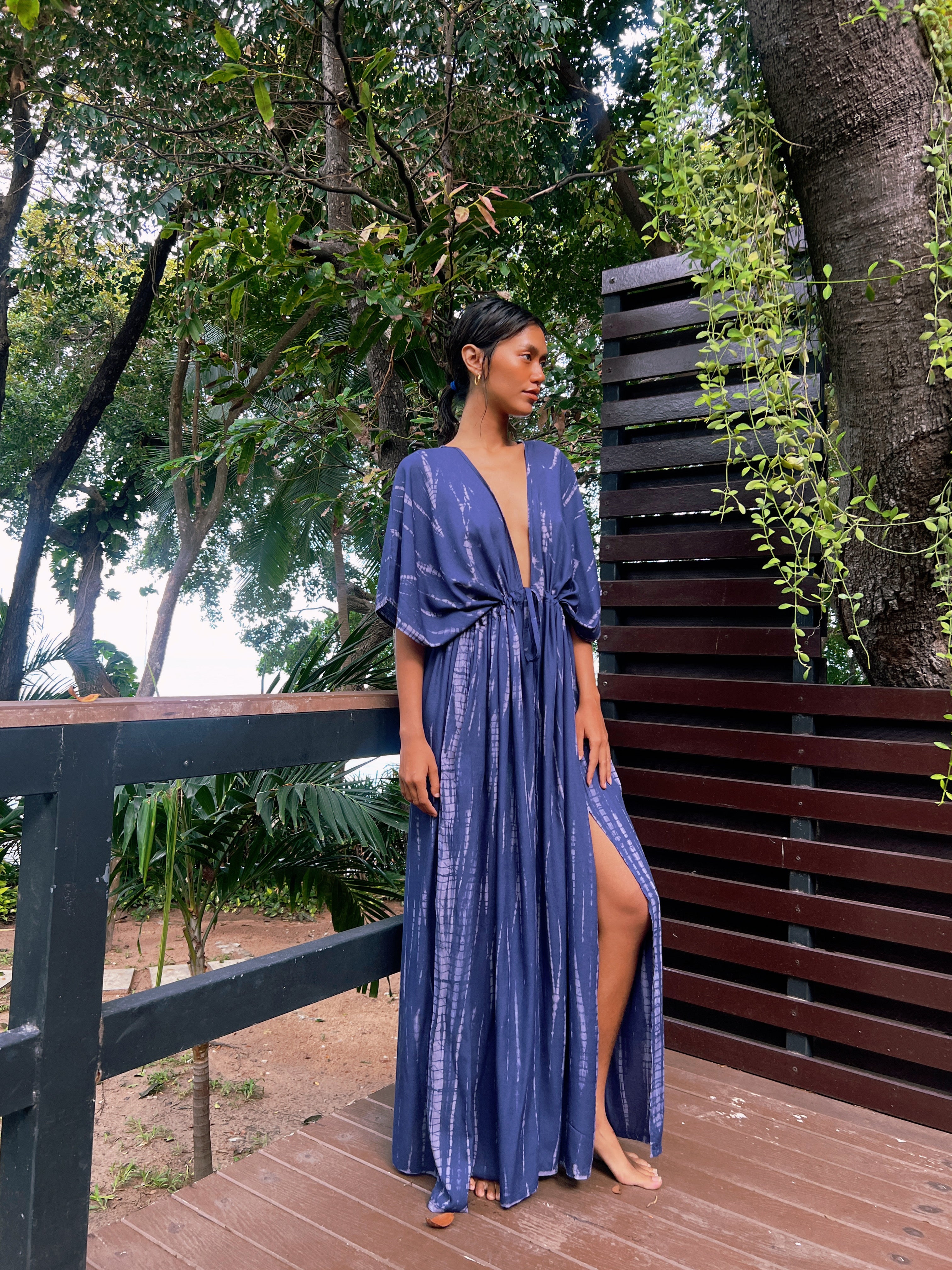 Switch to vacay mode with our Goddess Tie Dye Kaftan Maxi Dress, Long kaftan in blue, perfect for resort wear for your next vacation with Coco de Chom