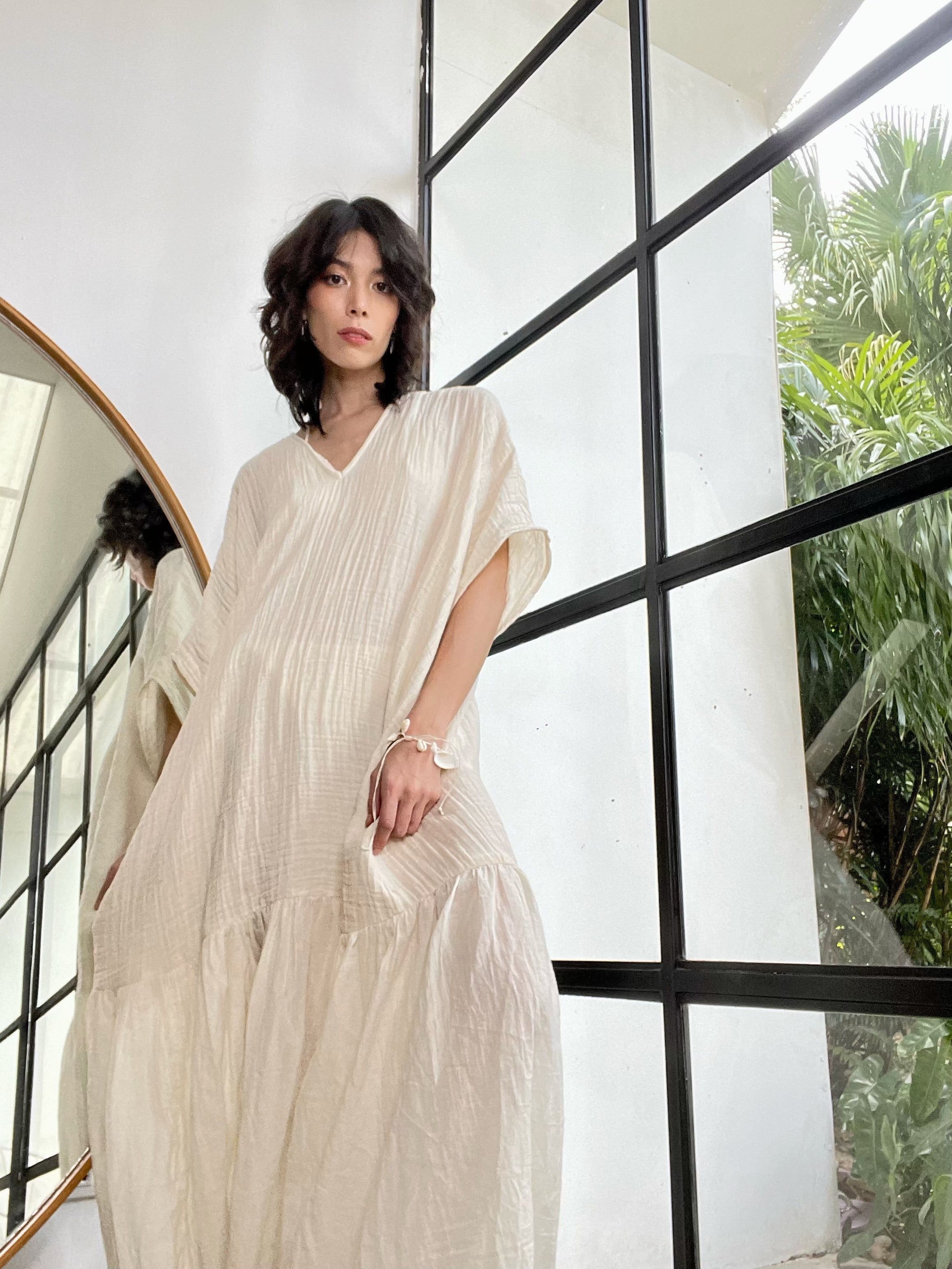 Shop Coco de Chom Off-white oversized Breezy Cotton Kaftan Dress, made from natural raw cotton. The lightweight and relaxed design is perfect maxi dress for vacations, offering both comfort and style.