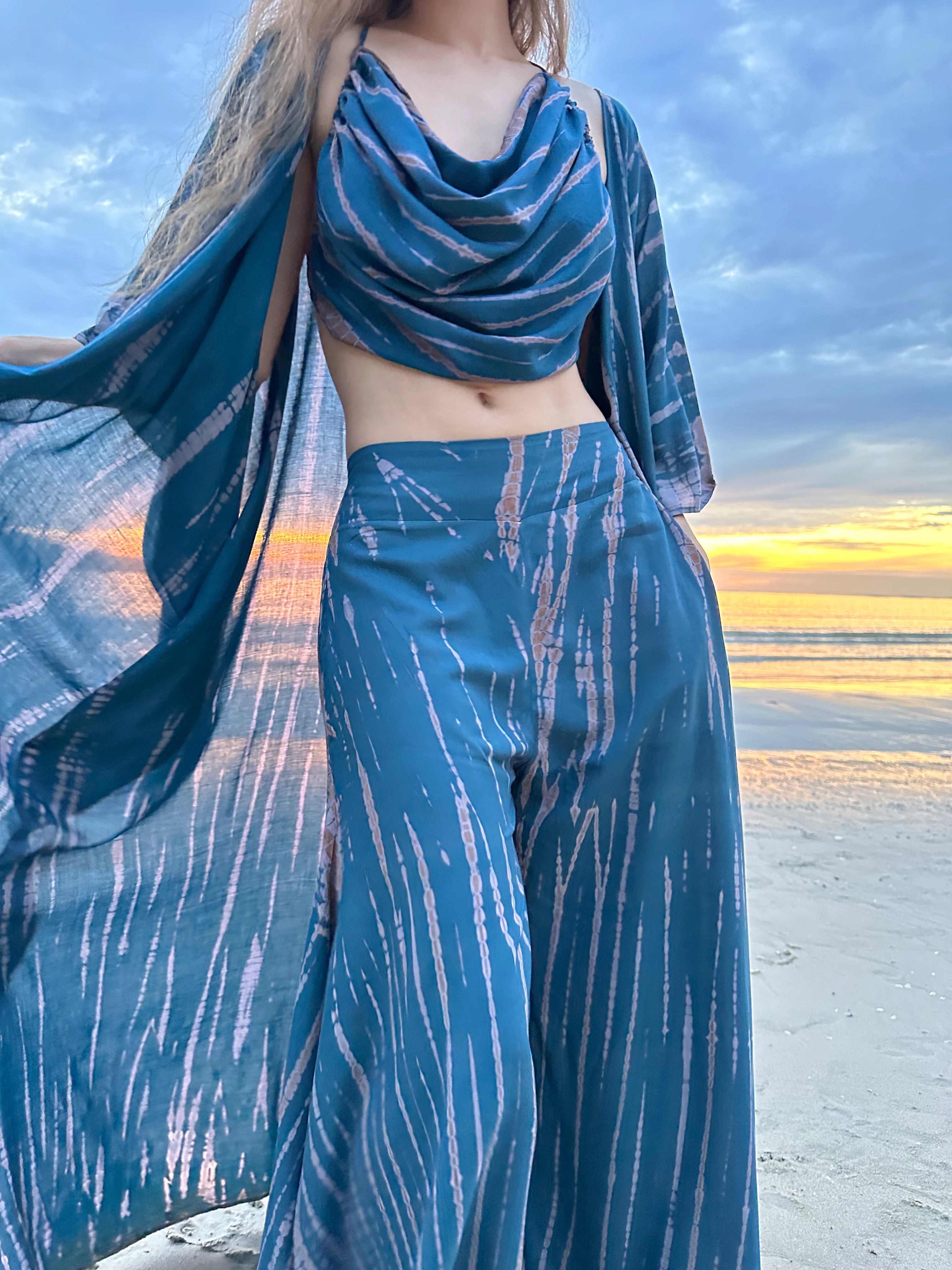 Maya Tie Dye Kaftan Kimono in Teal - Set