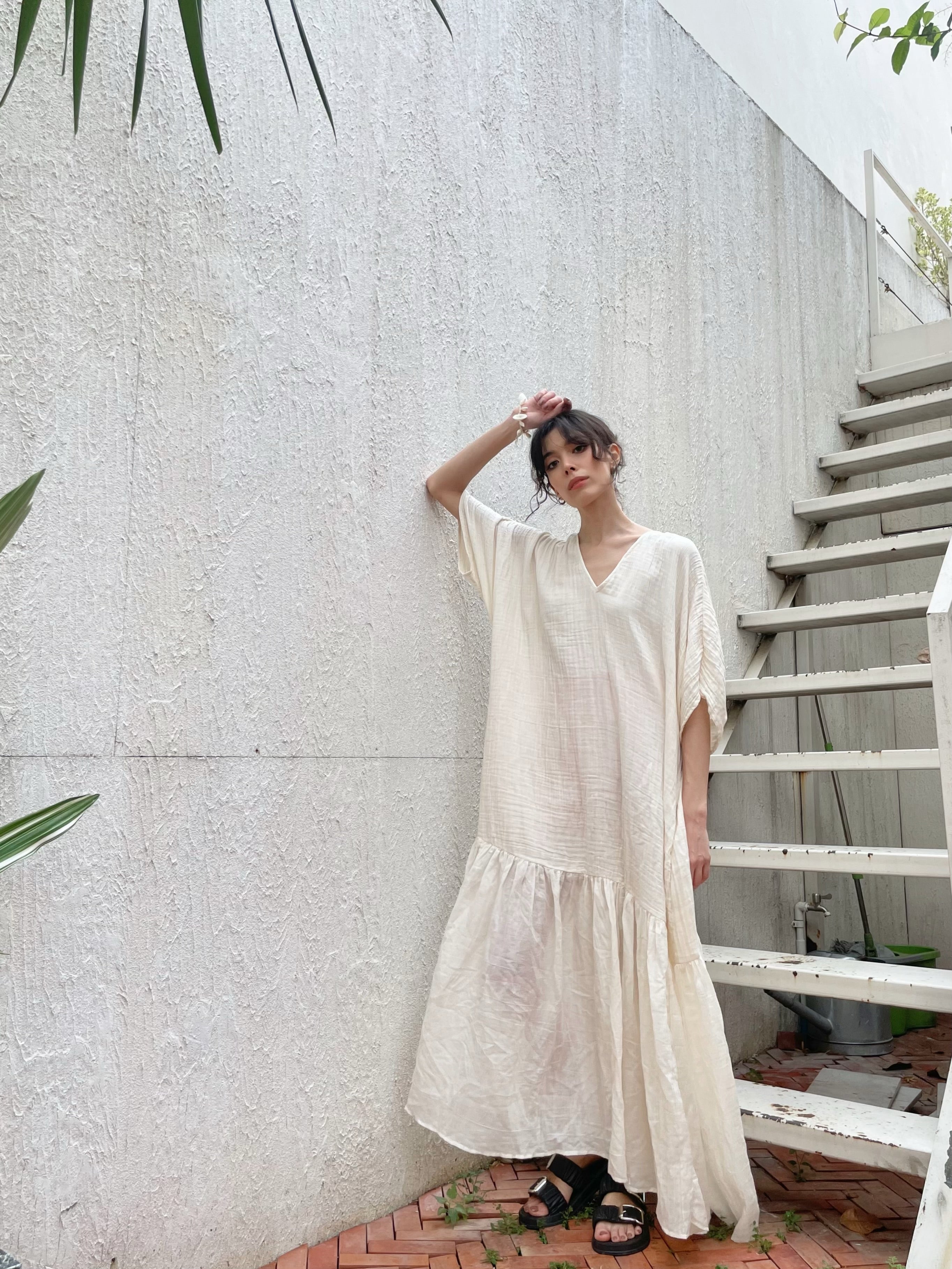 Shop Coco de Chom Off-white oversized Breezy Cotton Kaftan Dress, made from natural raw cotton. The lightweight and relaxed design is perfect maxi dress for vacations, offering both comfort and style.