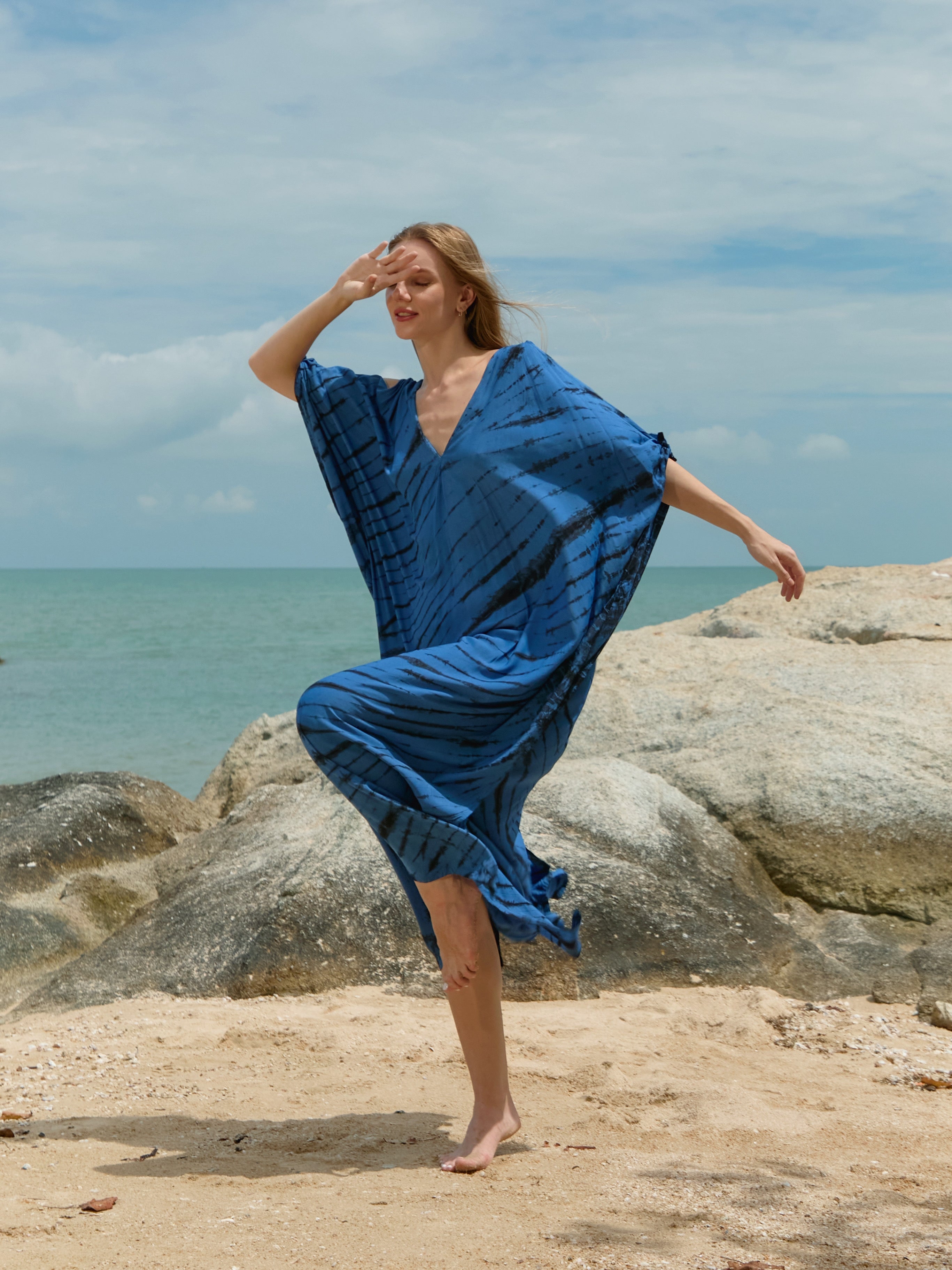 Shop Tie dye V Neck Kaftan, Blue Boho Long Caftan - Resort Dress - Bohemian Long Kaftan for beach dress resort wear from Coco De Chom?