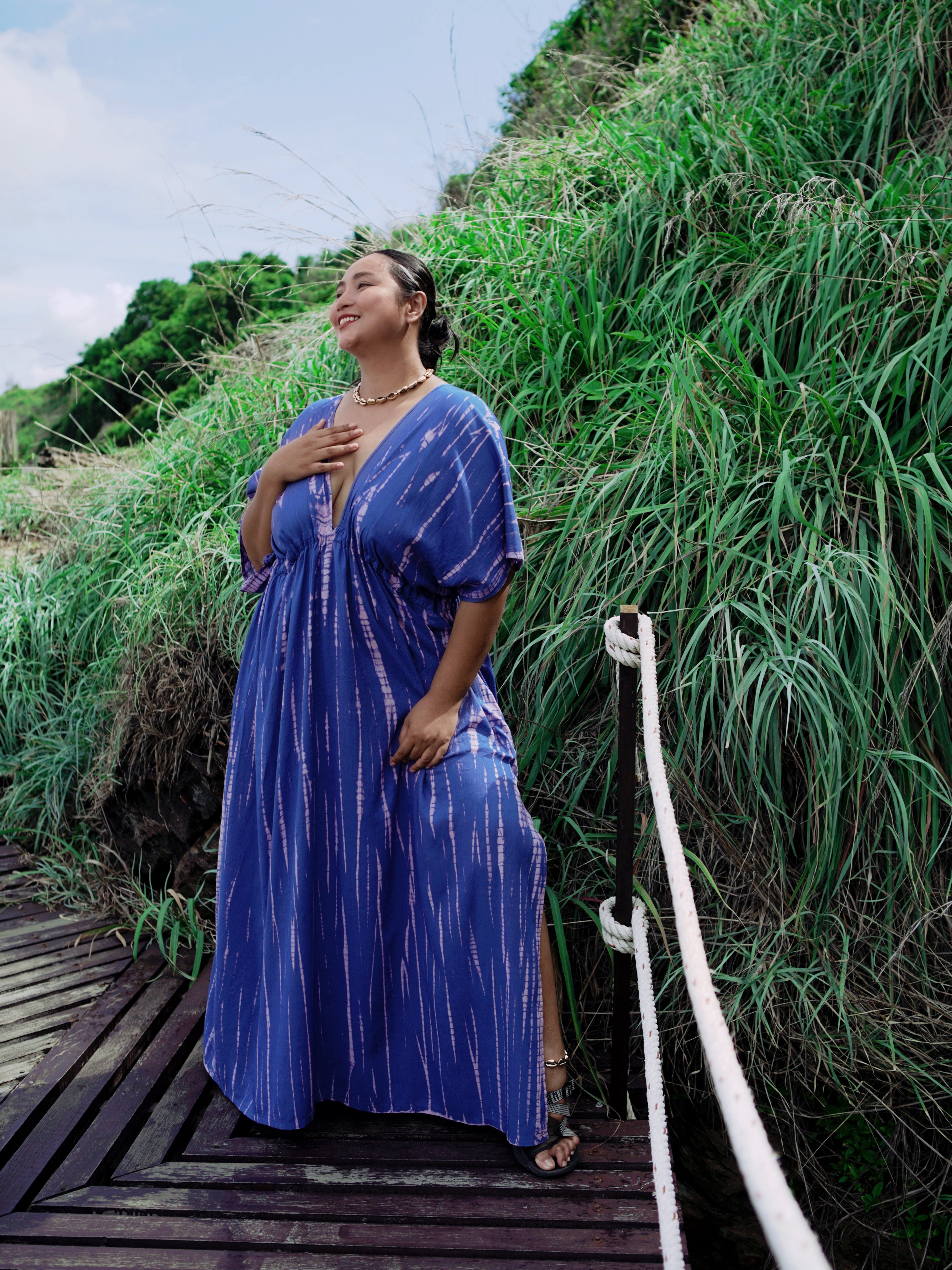Goddess Tie Dye Kaftan Maxi Dress - Blue/Pink