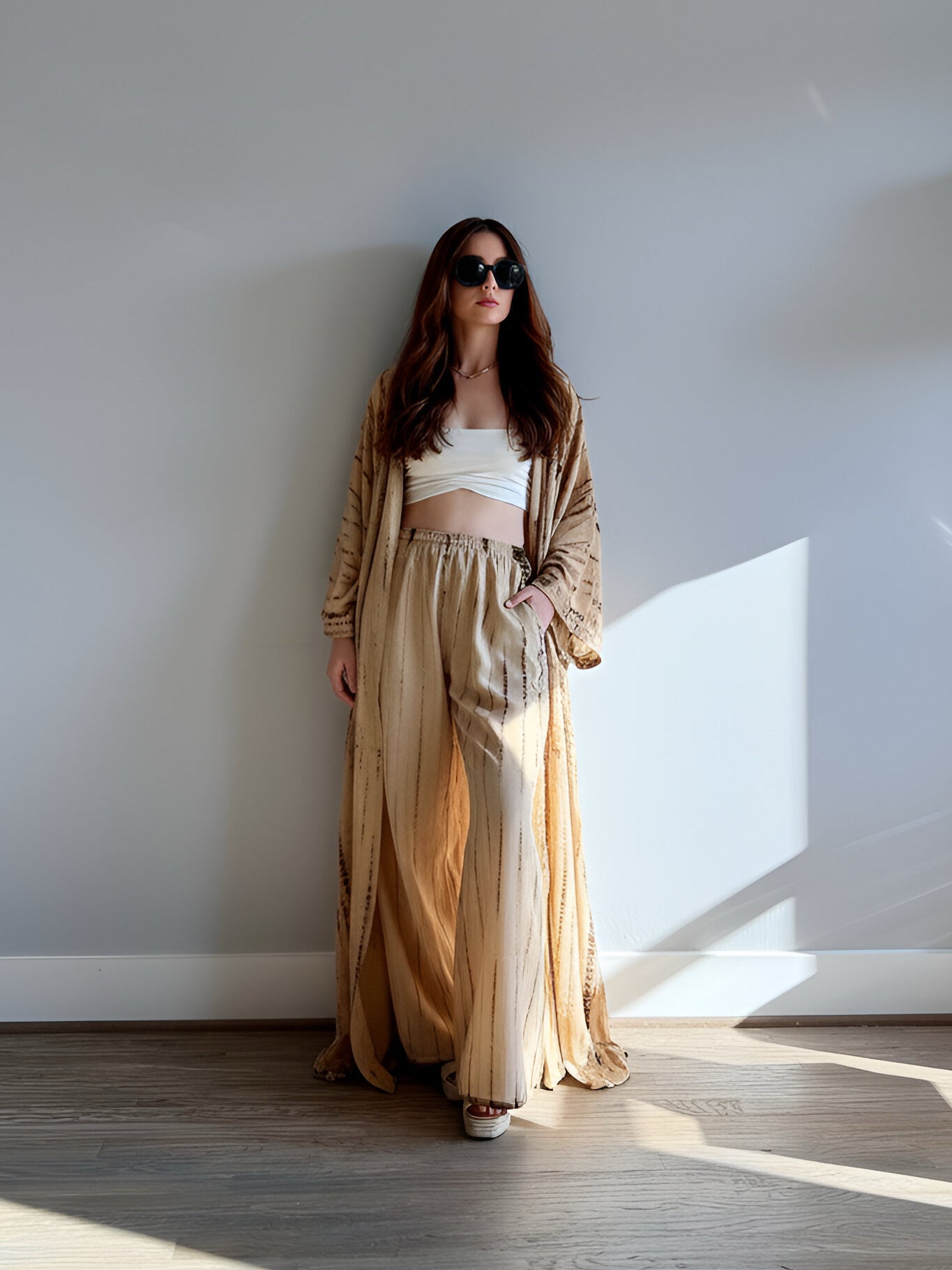 Woman in a beige Tie Dye Boho Pants – Wide Leg Pants - boho outfit standing in a sunlit room with a white wall