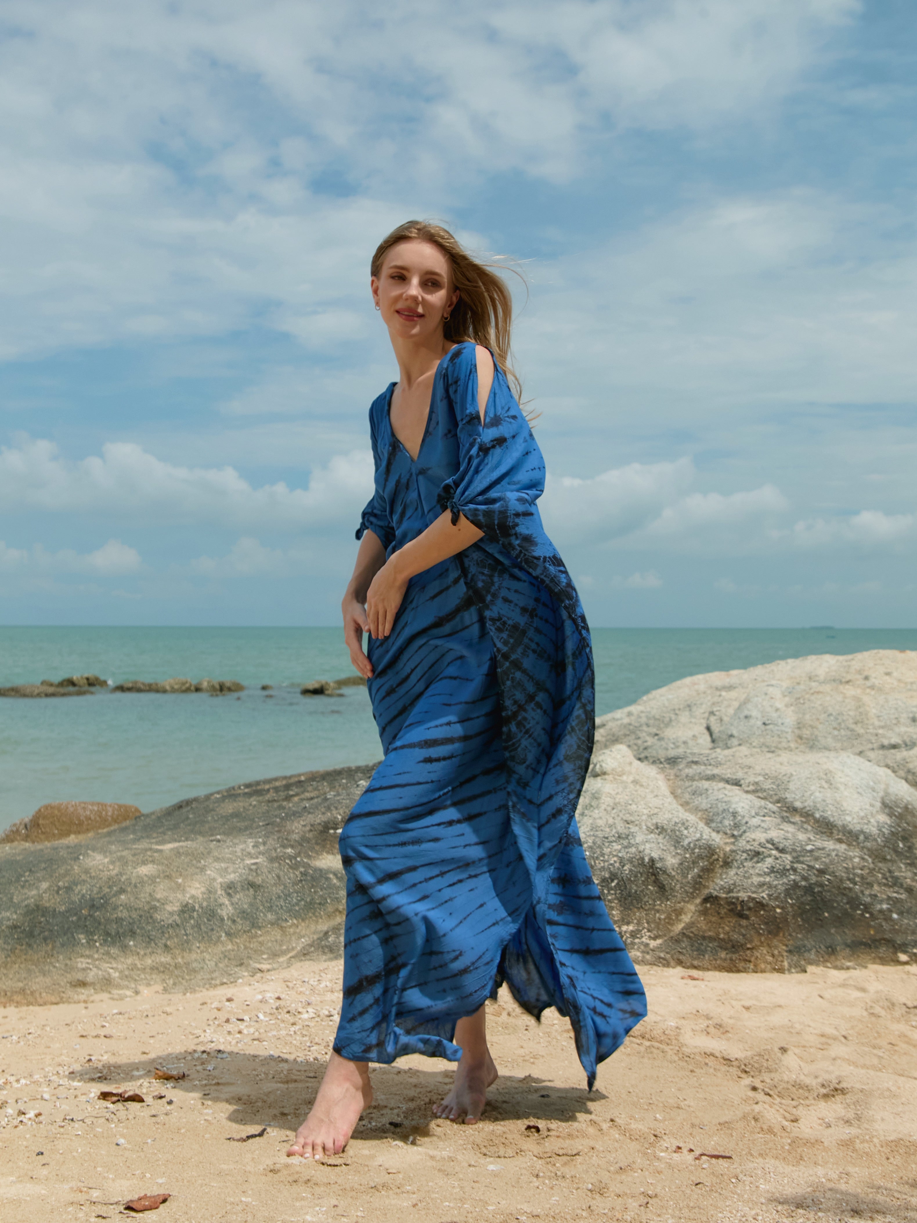 Shop Tie dye V Neck Kaftan, Blue Boho Long Caftan - Resort Dress - Bohemian Long Kaftan for beach dress resort wear from Coco De Chom?