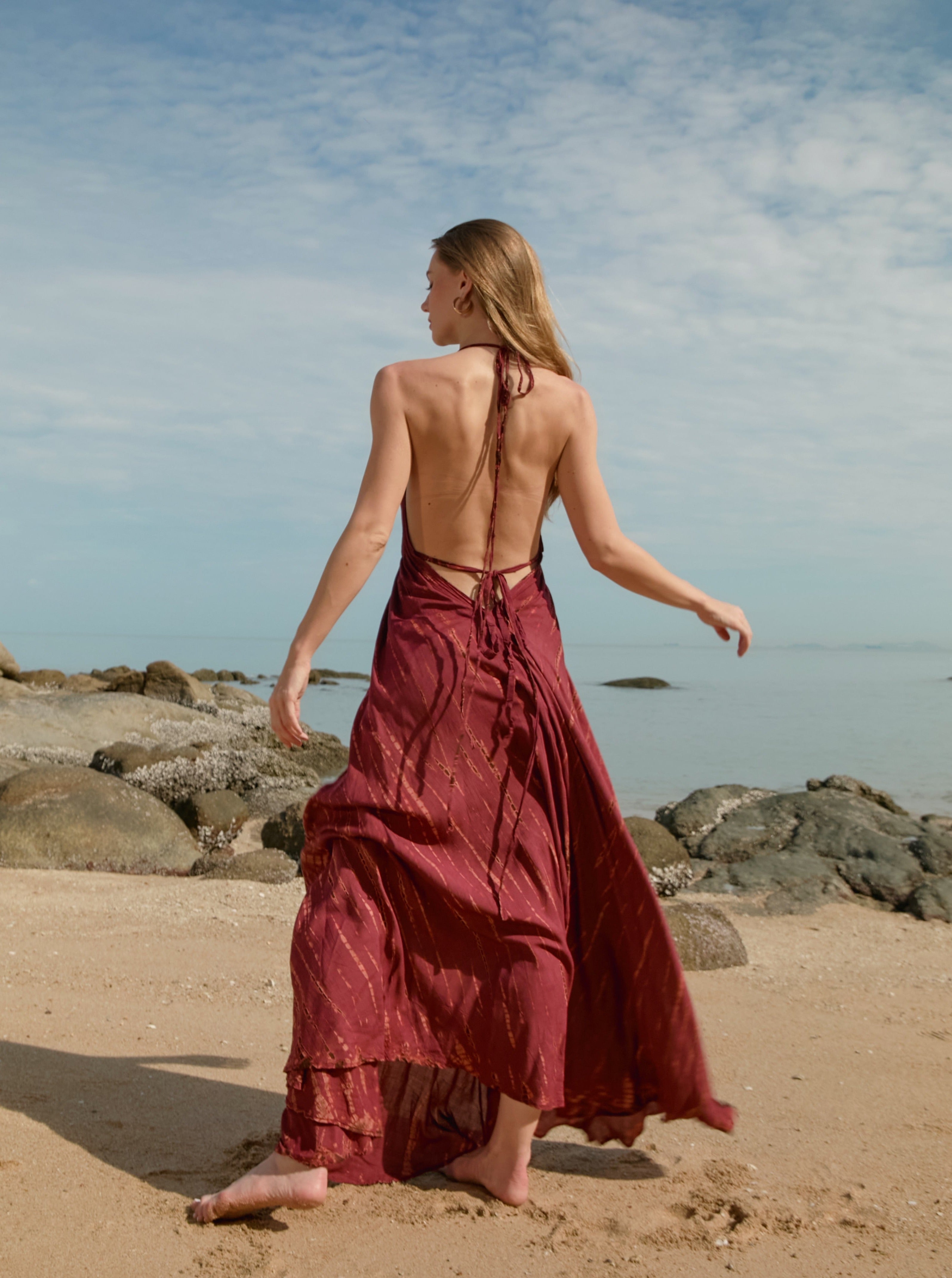 Shop TIE DYE OPEN BACK HALTER DRESS | Summer Maxi Dress | Tie Dye Maxi Dress - Burgundy, Resortwear beach dress with Coco De Chom