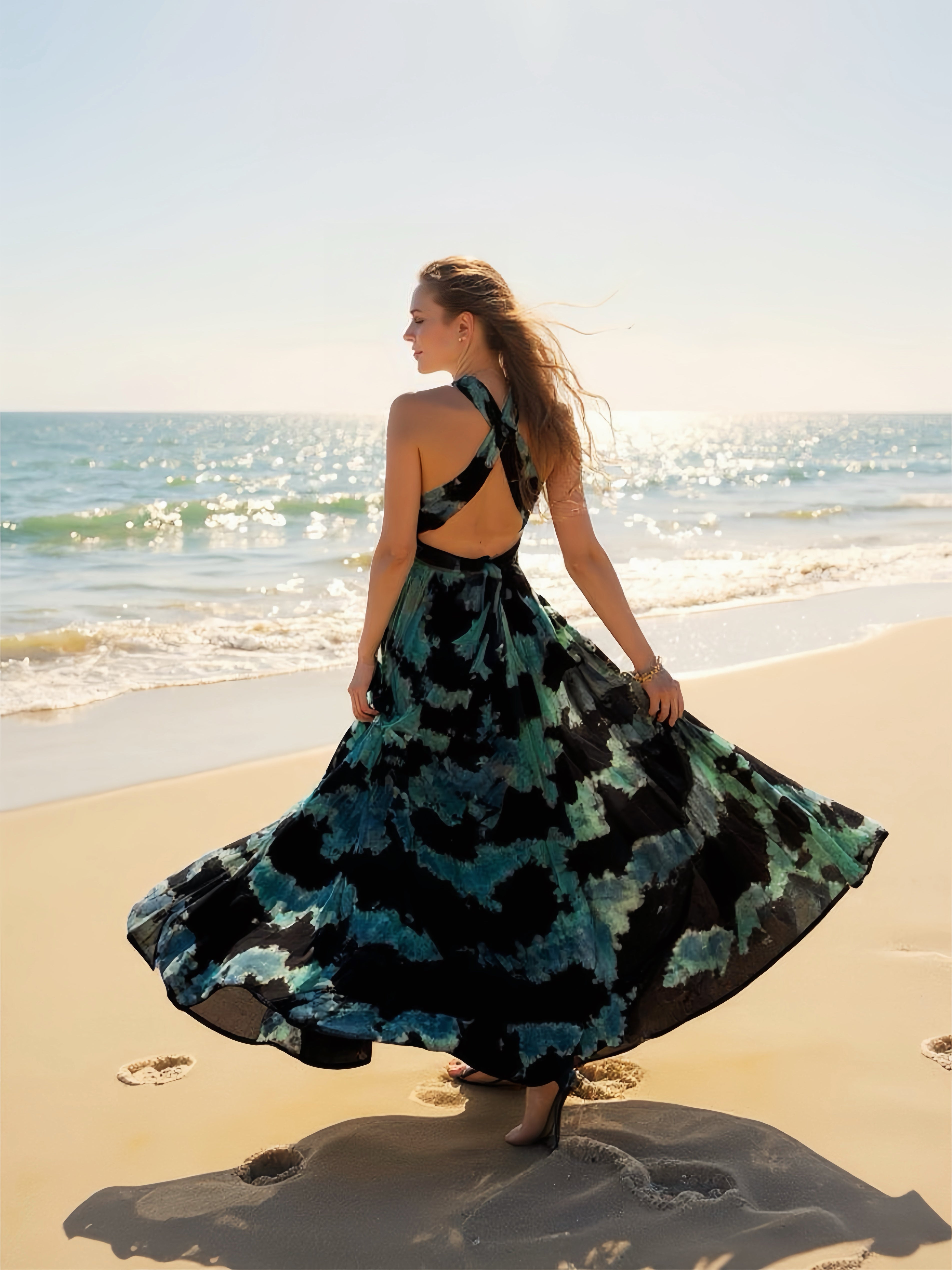 Model wearing our Butterfly Infinity Maxi Dress Tie Dye, Tie dye open back maxi dress perfect beach dress.