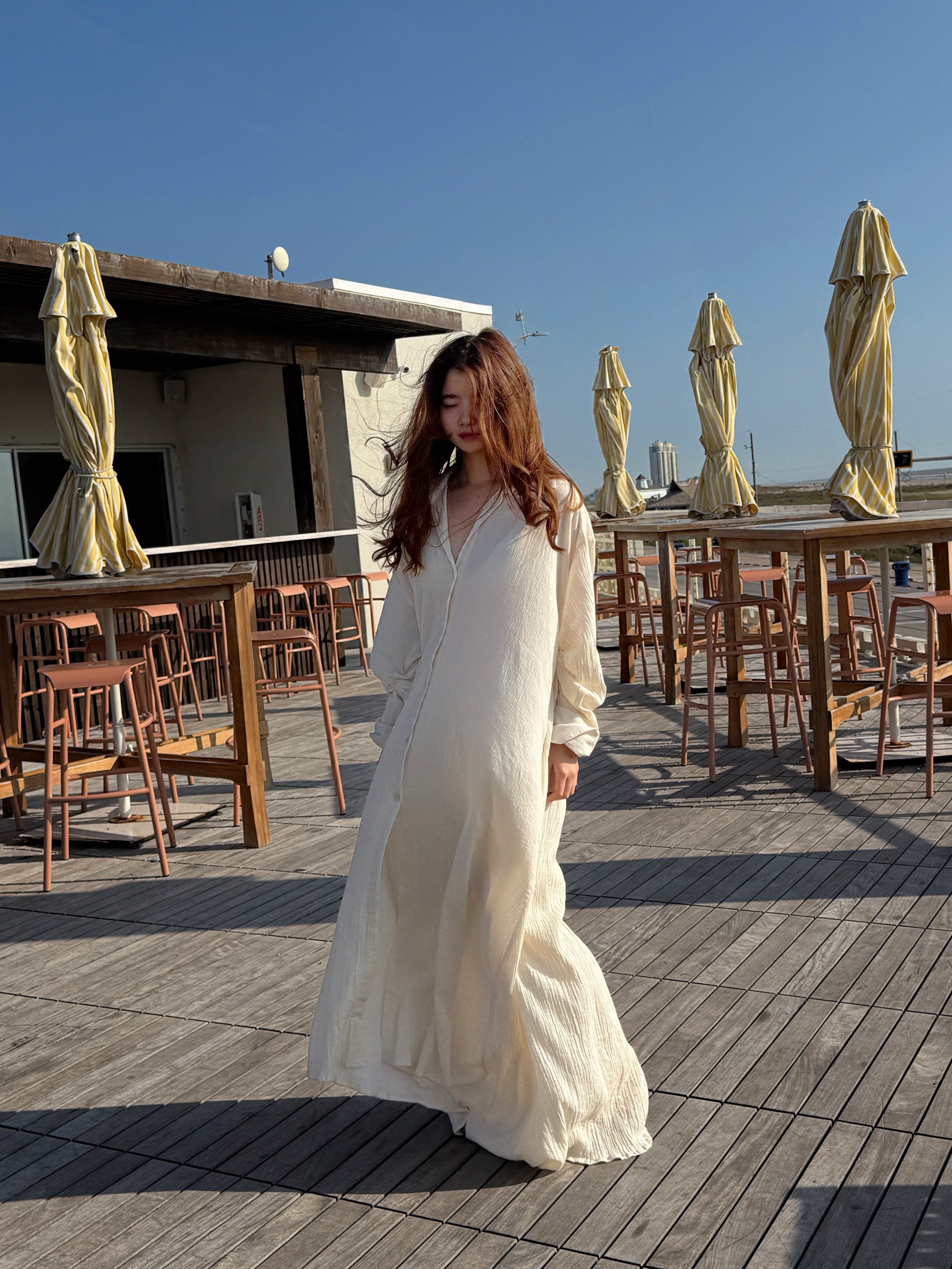 Natural organic cotton button down shirt dress, relaxed boho maxi beach cover up for resort wear