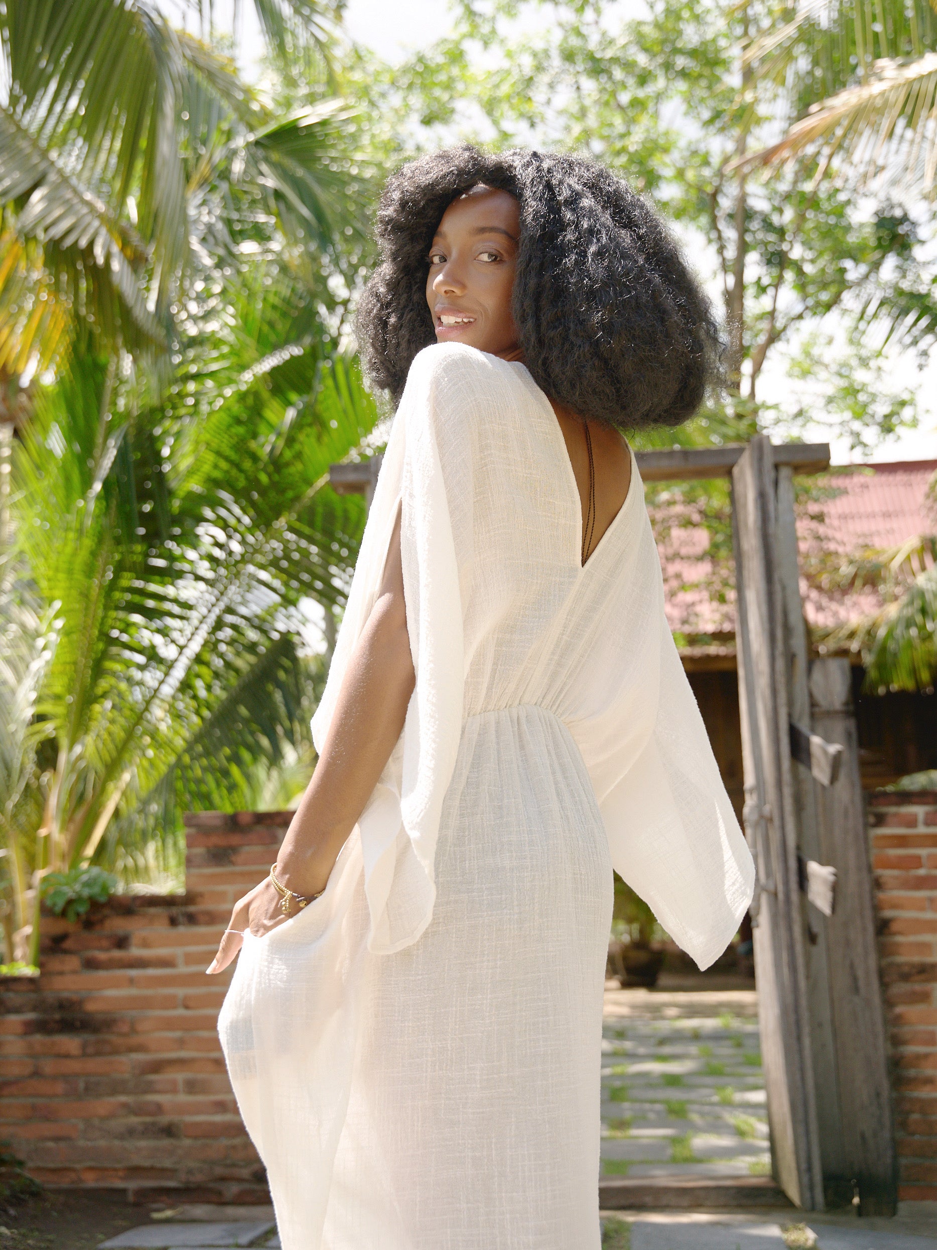 White Cotton Linen Goddess Kaftan Dress, Deep V Neck Kaftan Dress - Beach Coverup- Bohemian Long Kaftan | Coco De Chom