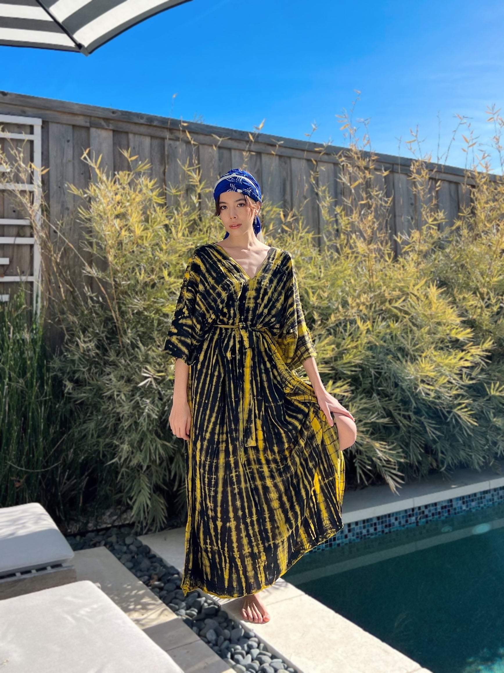 Shop Boho Tie Dye Kaftan, Oversized Caftan in yellow, Maxi Kaftan in tie dye, all handmade with love with Coco de Chom