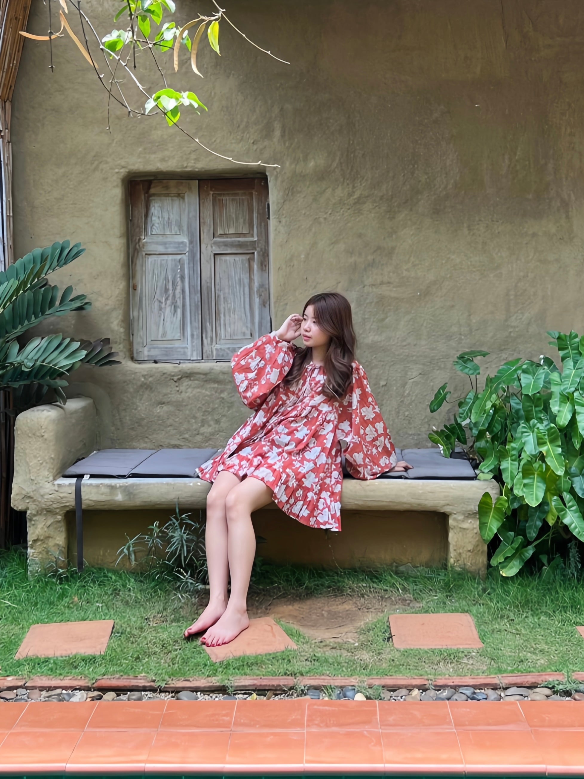 Shop The Coco de Chom Lola - Beach Inspired Dress in Beautiful Blue Sky: A Unique Limited Edition Piece. Handcrafted Design with Wooden Blocks on Fine Cotton Voile, Featuring a Dreamy Block Printed Pattern Inspired by Bougainvillea Flowers and Vacations. Ideal for Beach Days, Vacations, and Boho Vibes.