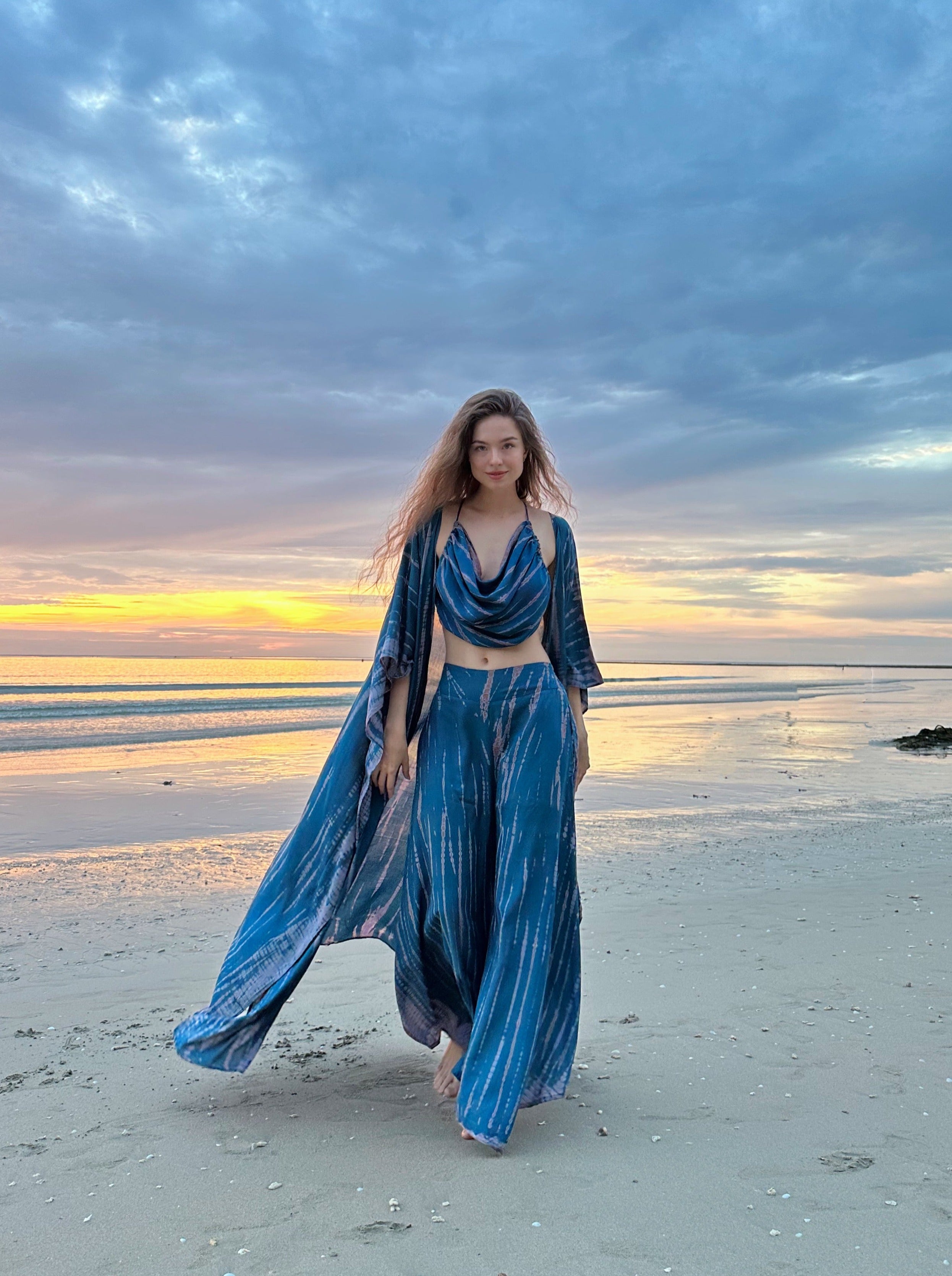 Maya Tie Dye Kaftan Kimono in Teal - Set