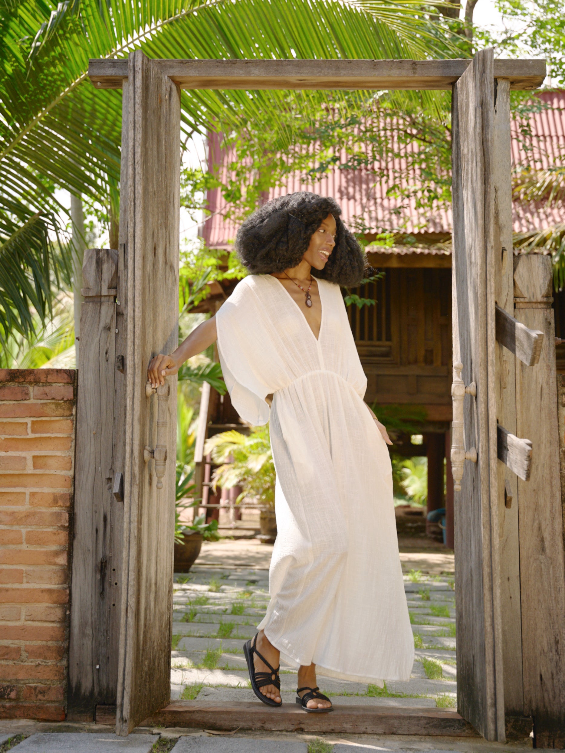 White Cotton Linen Goddess Kaftan Dress, Deep V Neck Kaftan Dress in White Beach Coverup- Bohemian Long Kaftan | Coco De Chom