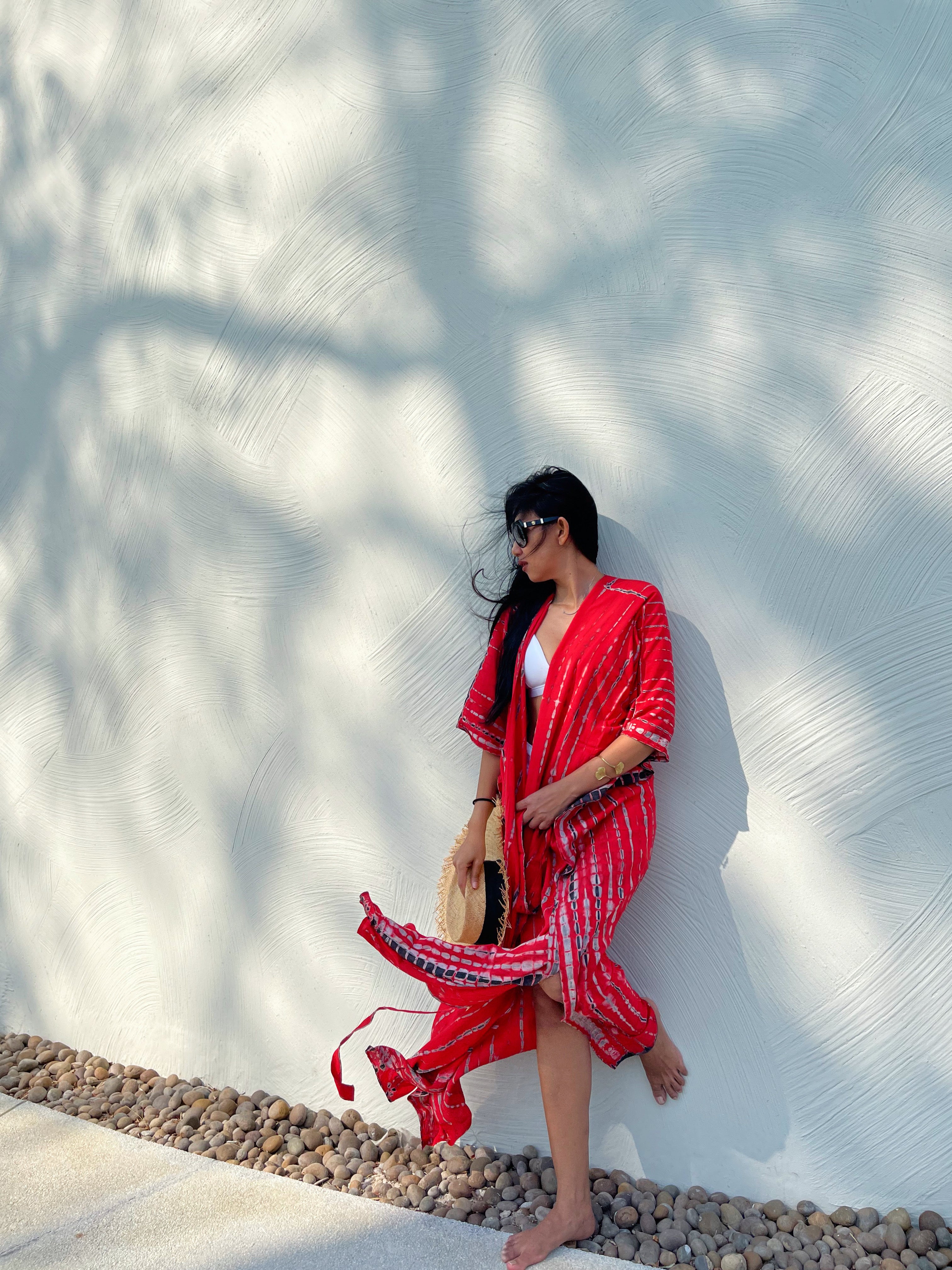 Shop red tie dye beach coverup - hand dyed kimono robe in red by Coco de Chom