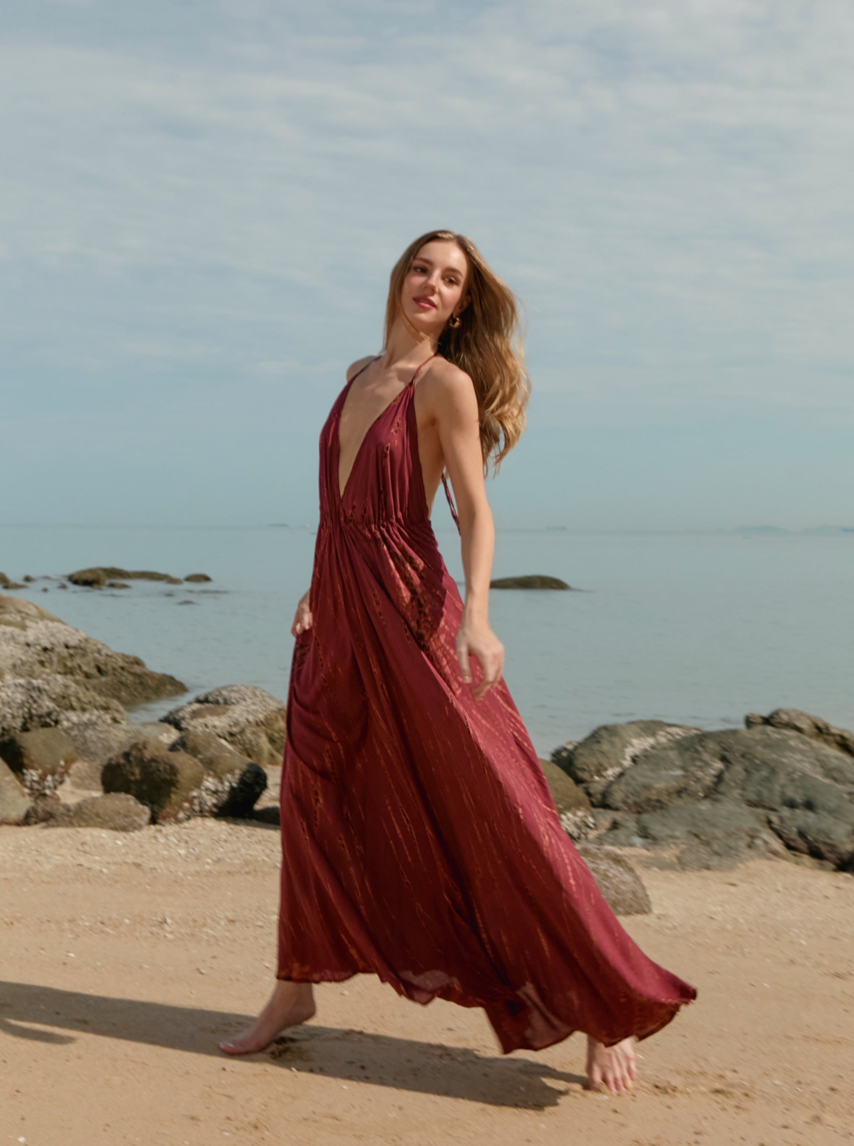 Shop TIE DYE OPEN BACK HALTER DRESS | Summer Maxi Dress | Tie Dye Maxi Dress - Burgundy, Resortwear beach dress with Coco De Chom