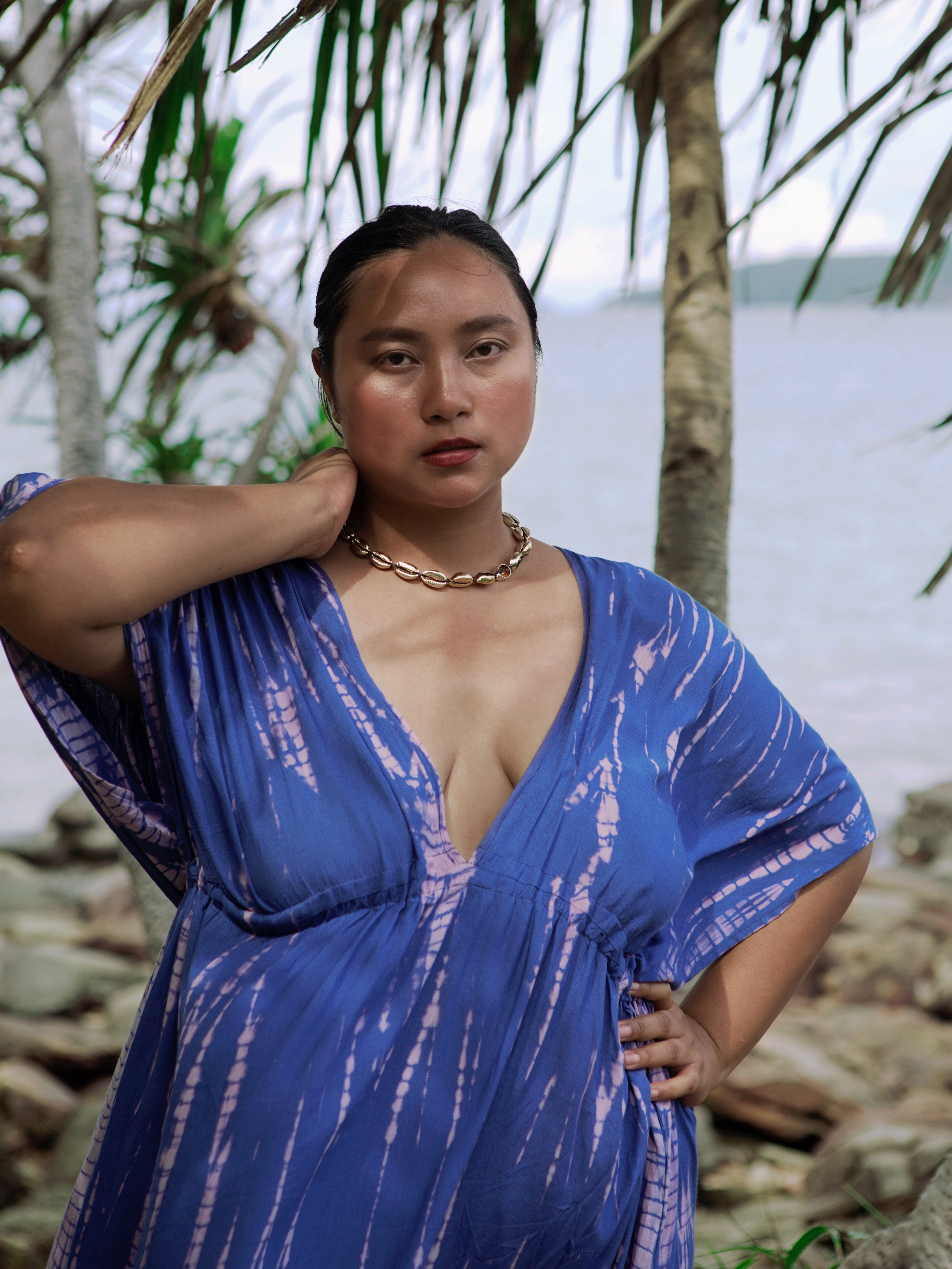 Goddess Tie Dye Kaftan Maxi Dress - Blue/Pink