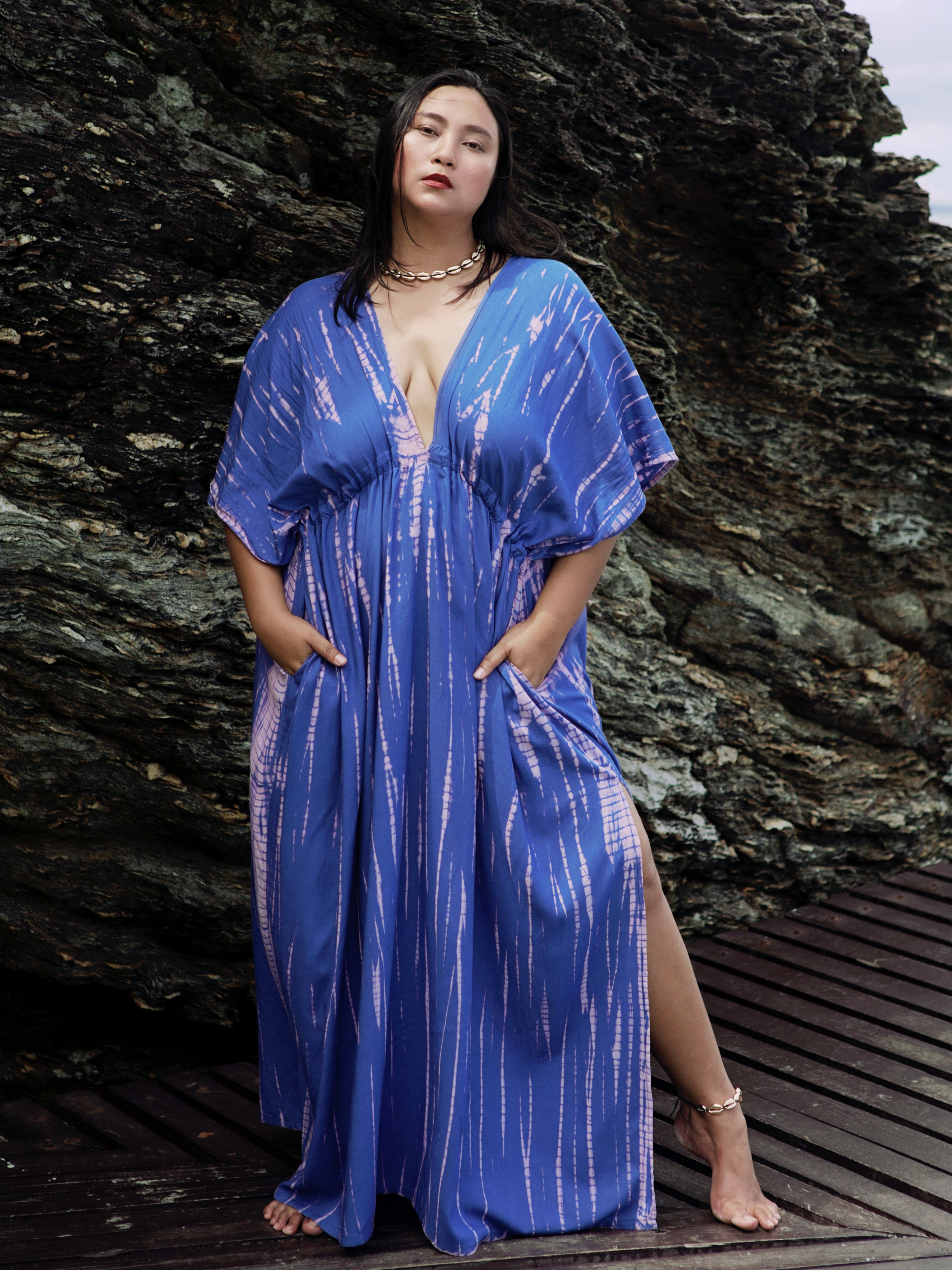 Switch to vacay mode with our Goddess Tie Dye Kaftan Maxi Dress, Long kaftan in blue, perfect for resort wear for your next vacation with Coco de Chom
