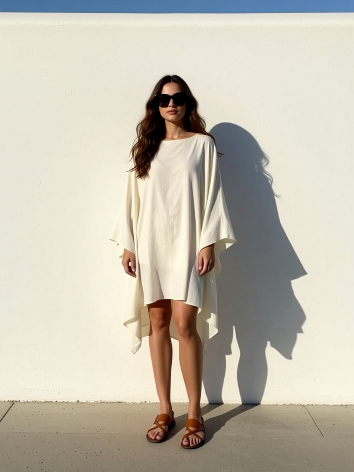 Woman wearing a white mini kaftan top beach cover up tunic, one size fits most, long sleeves with high-low hem, lightweight resort vacation wear, standing against a white wall under a blue sky.