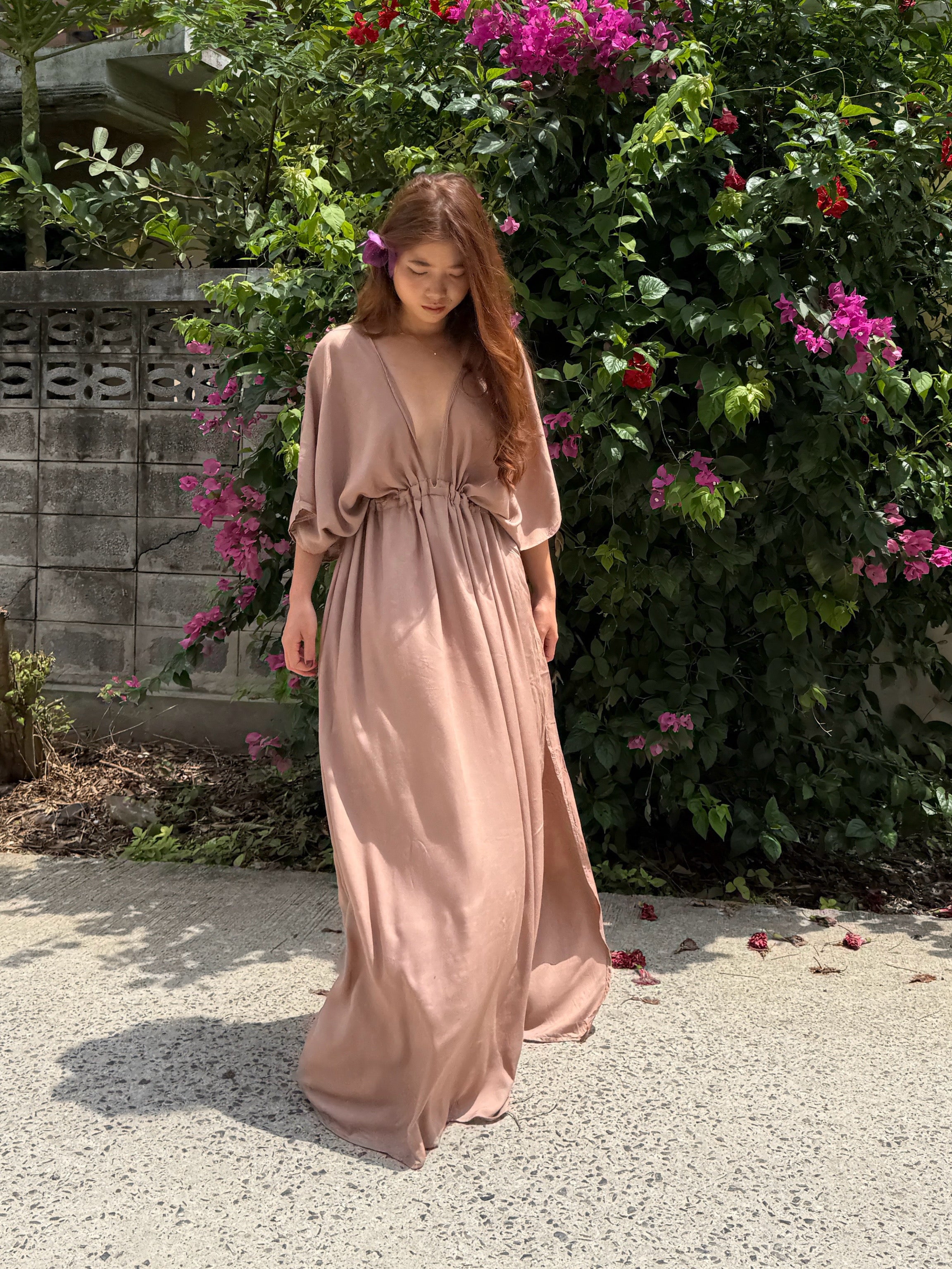 Taupe Long kaftan dress worn by the resort style, oversized beach cover up and plus size friendly resort maxi dress with deep V neckline, side slit, and flowy silhouette