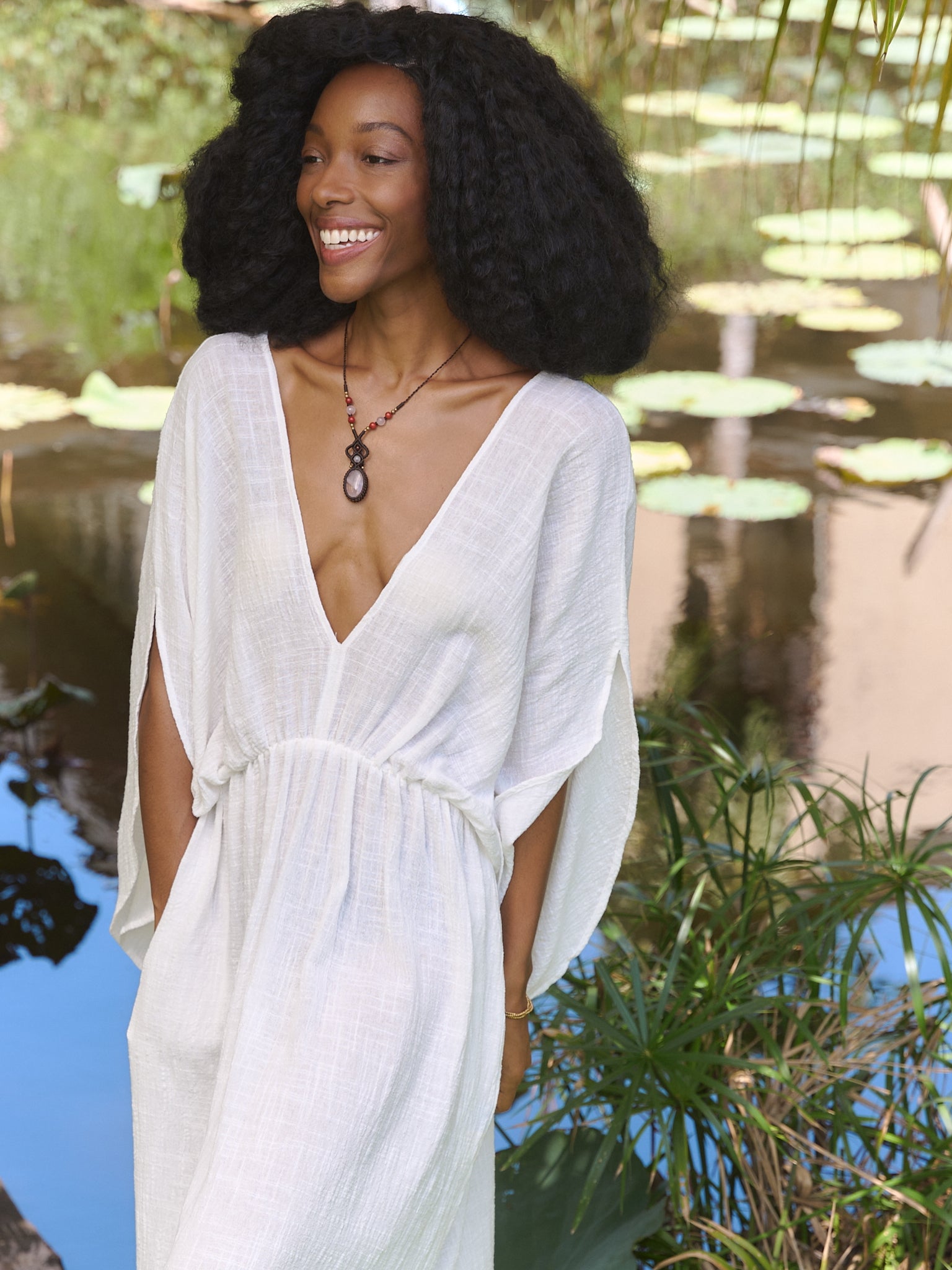 White Cotton Linen Goddess Kaftan Dress, Deep V Neck Kaftan Dress - Beach Coverup- Bohemian Long Kaftan | Coco De Chom