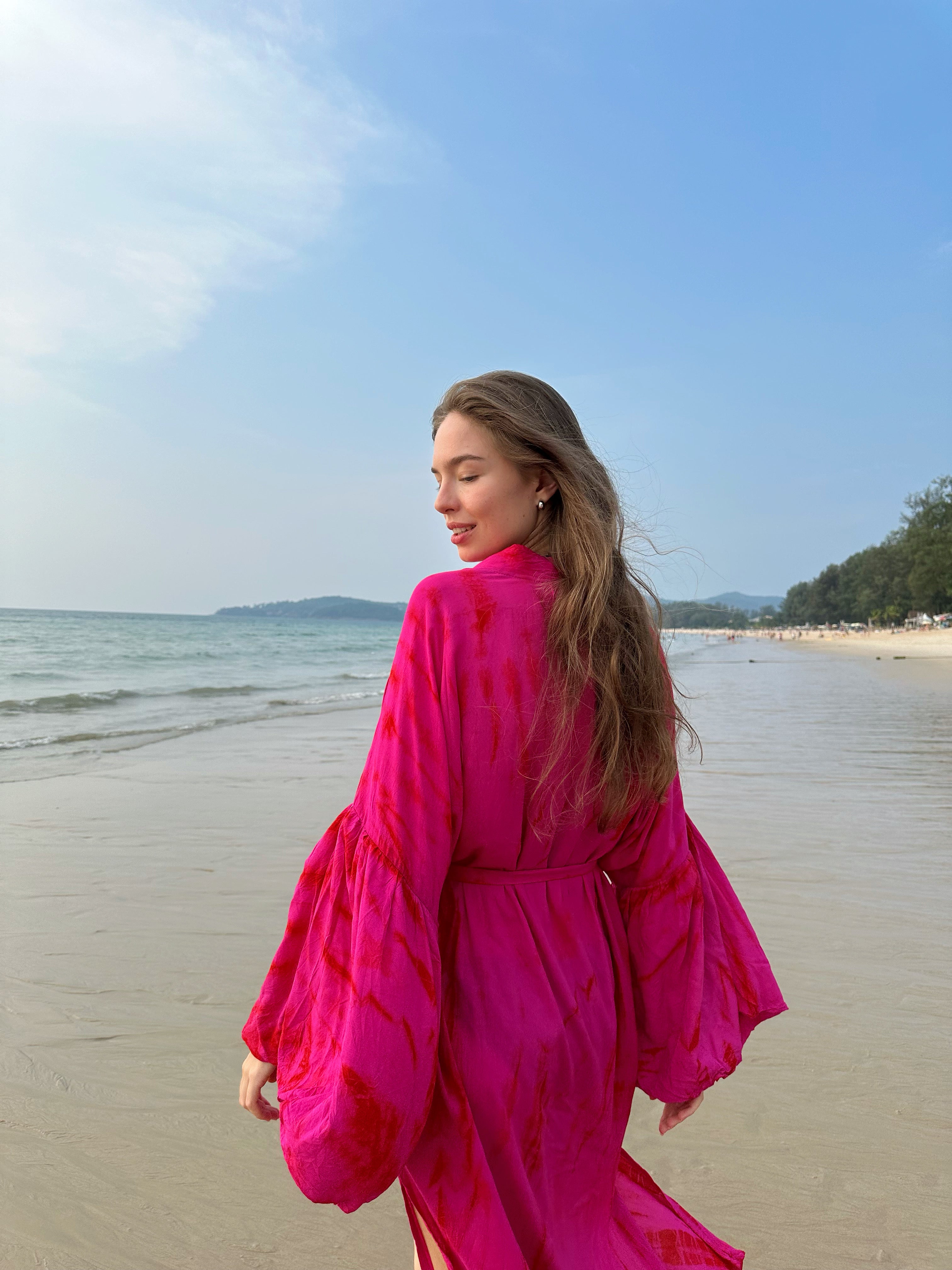Shop Fuchsia Kimono Robe Tie Dye is as luxurious as it is versatile, Hot pink kimono robe tie dye for beach coverup, boho style tie dye kimono robe , handmade Pink kimono robe tie dye Coco de Chom