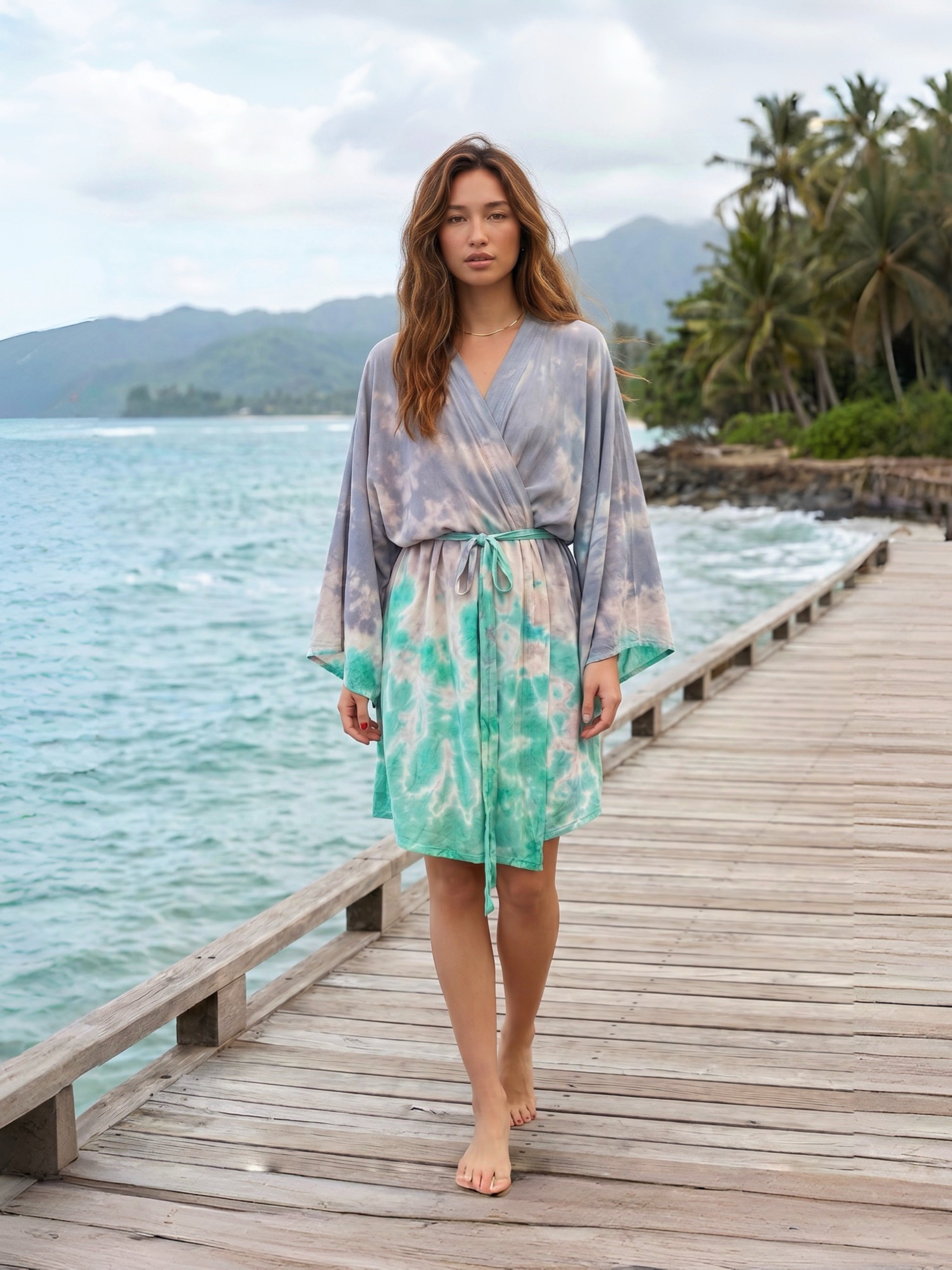 Women’s seafoam tie dye kimono jacket for resort wear, poolside lounging, and tropical vacation outfits.