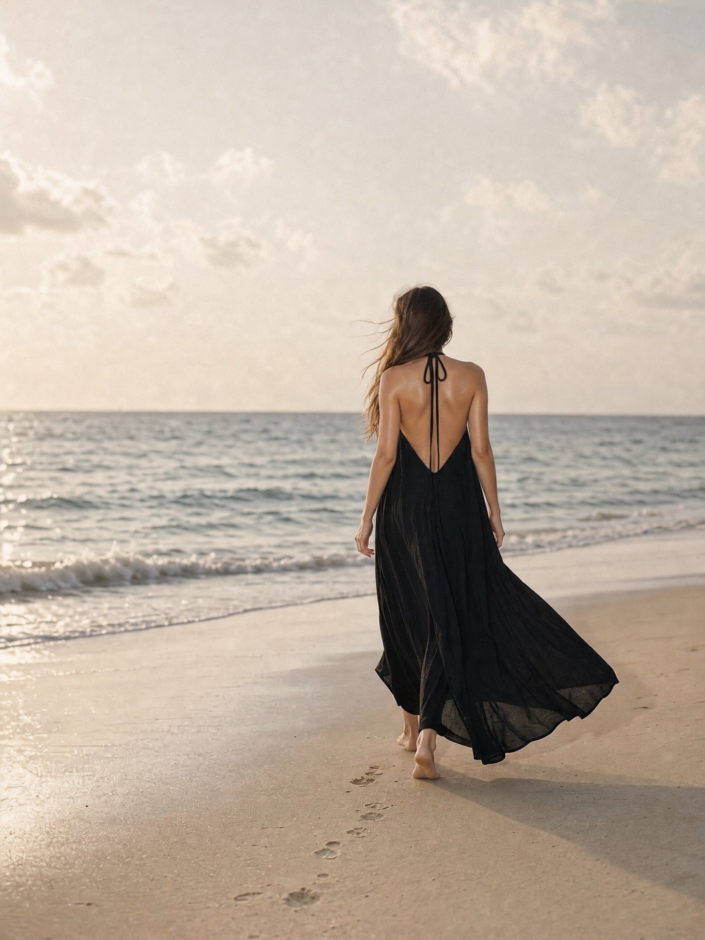 Back view of the Flamingo Maxi Dress in solid black, showing open tie-back design and flowing high-low hem on the beach