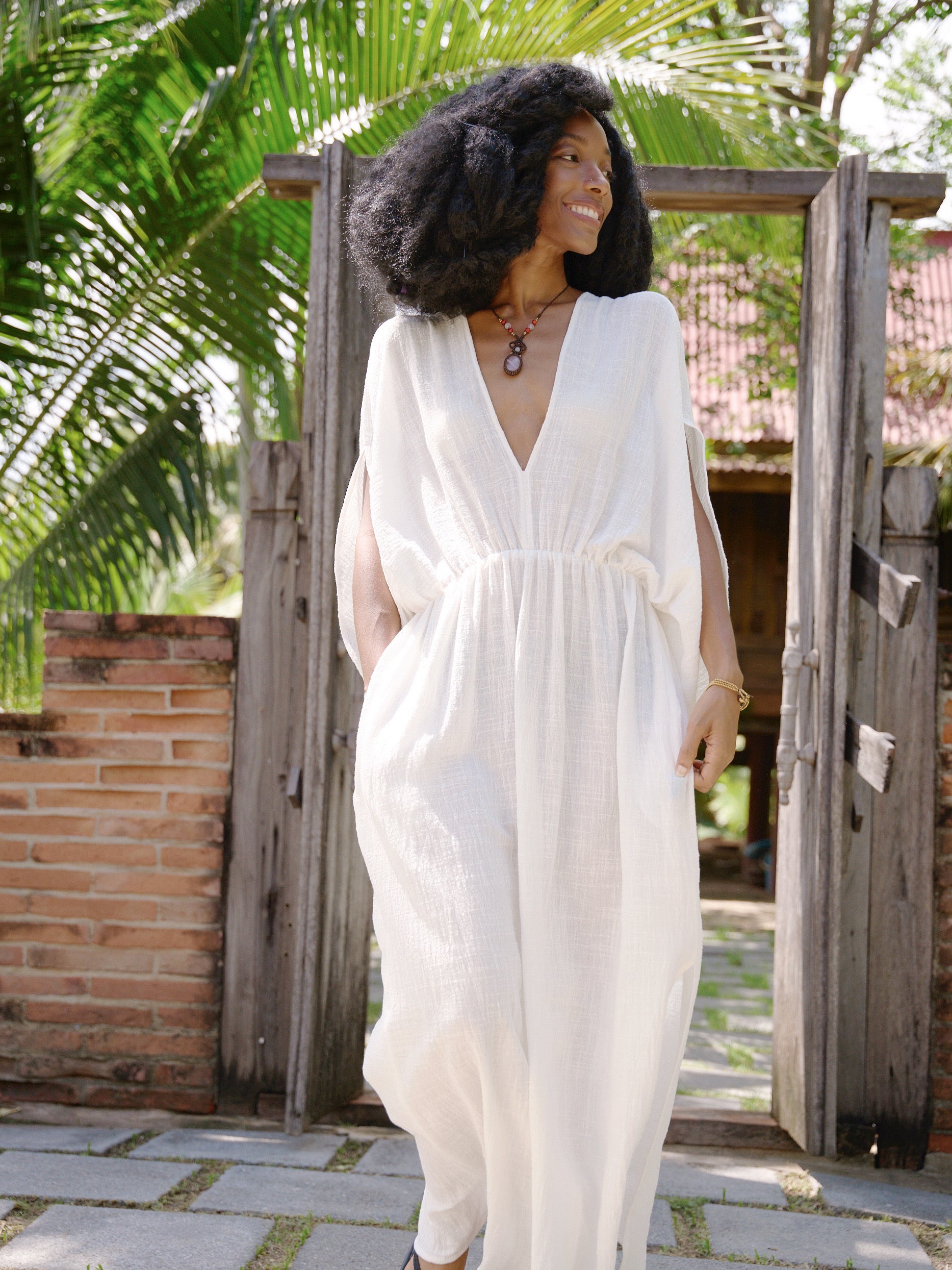 White Cotton Linen Goddess Kaftan Dress, Deep V Neck Kaftan Dress - Beach Coverup- Bohemian Long Kaftan | Coco De Chom