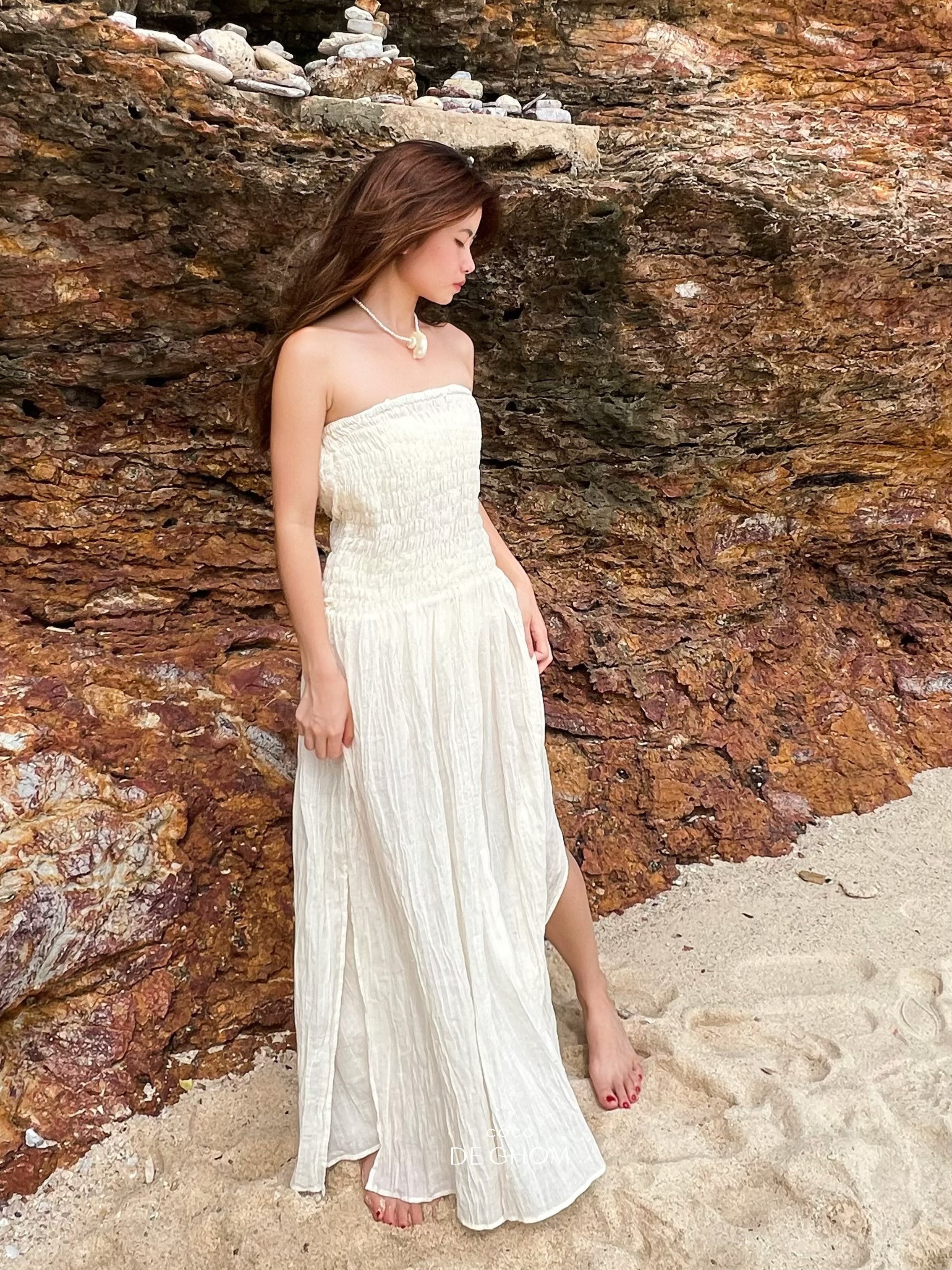Sundance Cotton Smocked Maxi Dress | Off white Organic Cotton Dress - Bohemian Cotton Dress | Coco De Chom