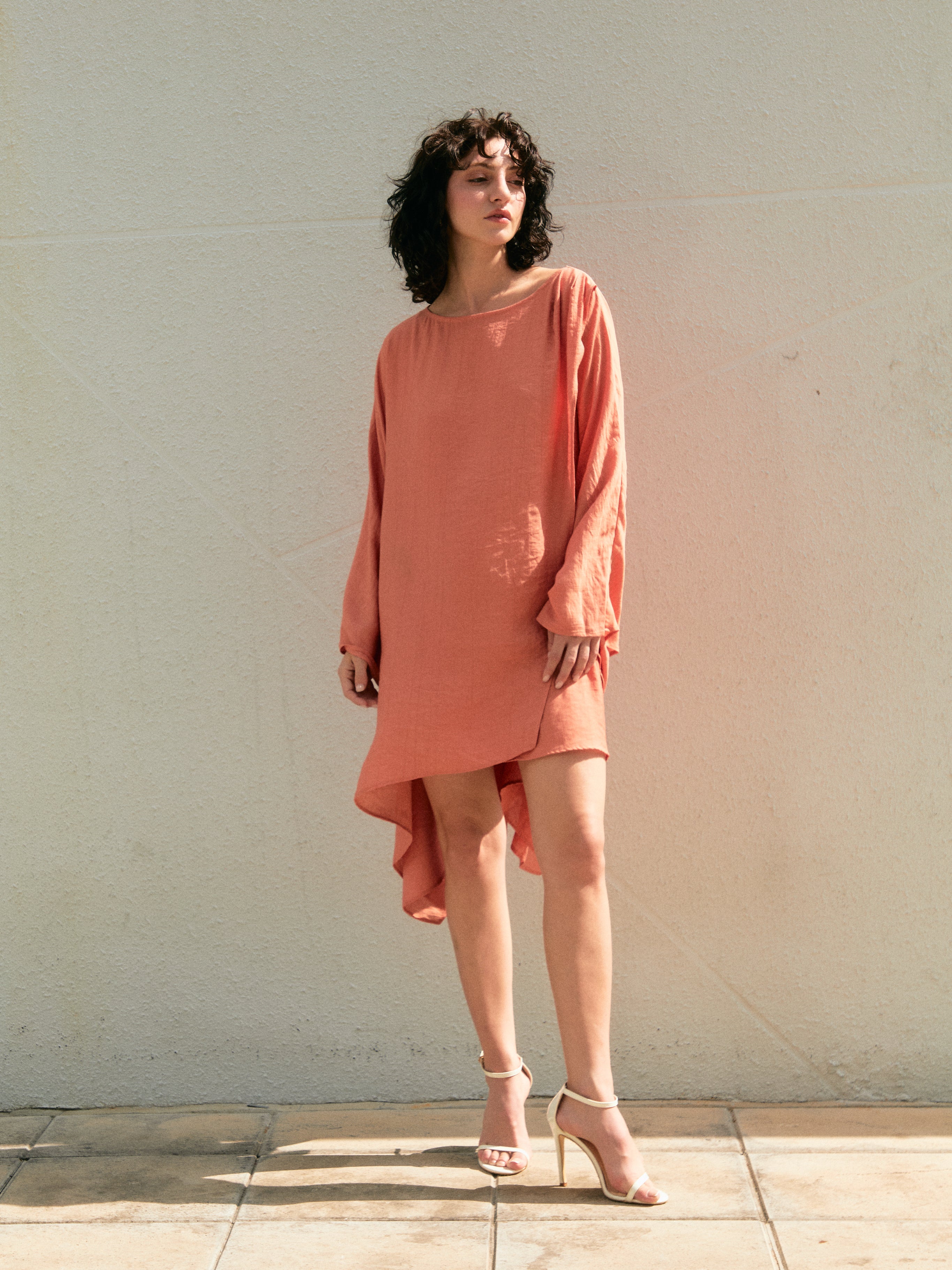 Coral mini kaftan top beach cover up tunic, one size fits most, long sleeves with high-low hem, lightweight resort vacation wear