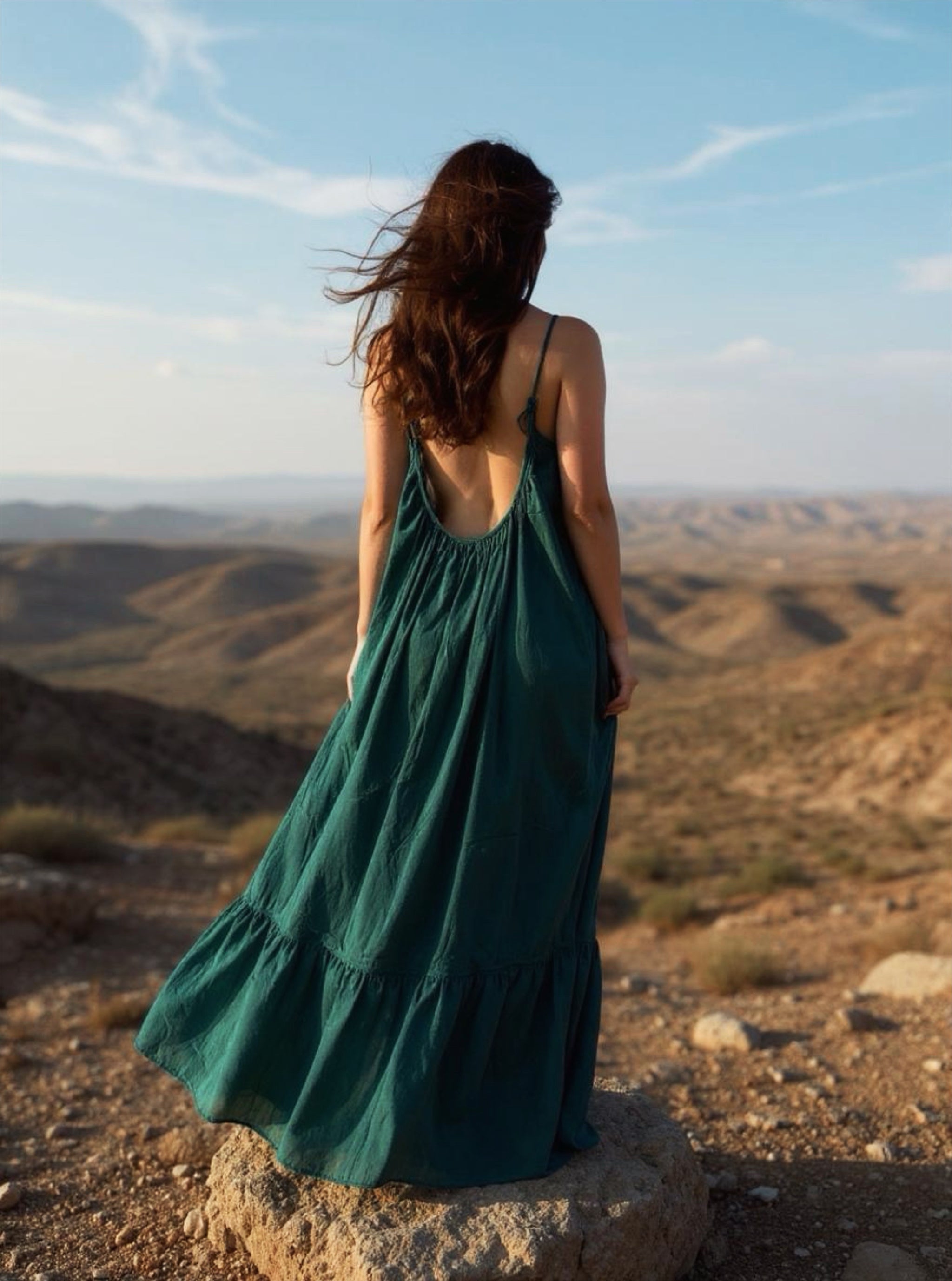 Model wearing the Green Backless Maxi Dress, oversized dress, dark green dress, perfect for beach dress or resort dress- slow fashion by coco de chom