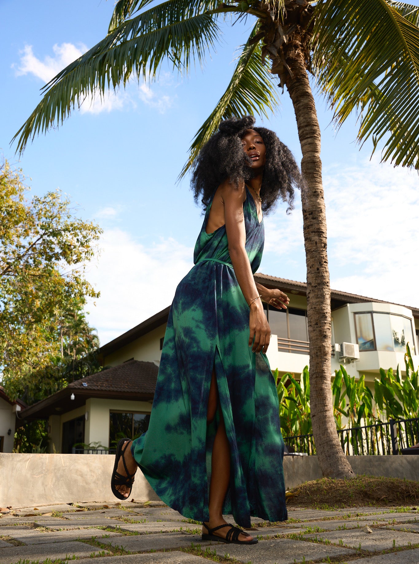 Tie dye V Neck Maxi Dress Green- Casual Loose fit Resort Dress