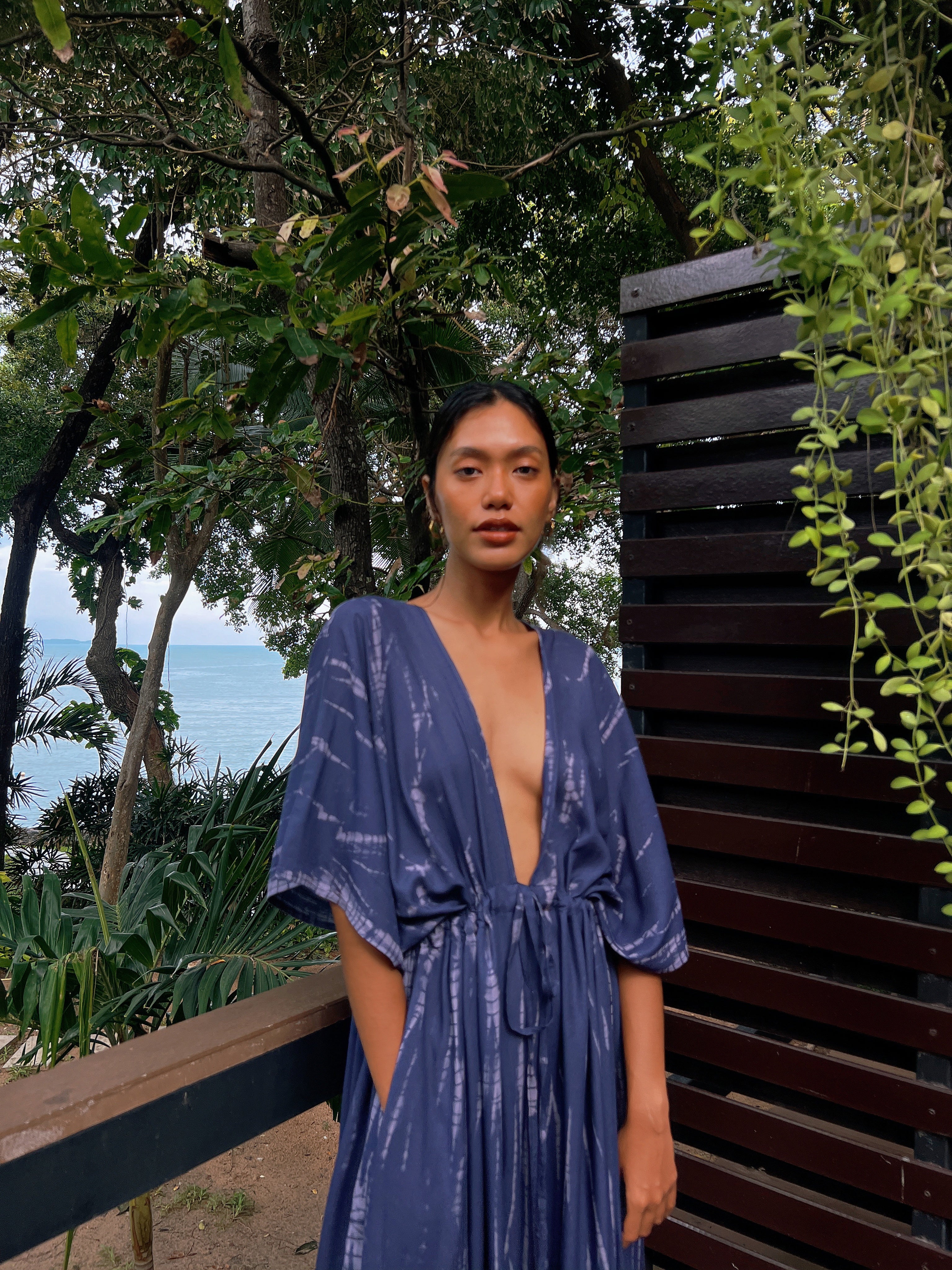 Switch to vacay mode with our Goddess Tie Dye Kaftan Maxi Dress, Long kaftan in blue, perfect for resort wear for your next vacation with Coco de Chom