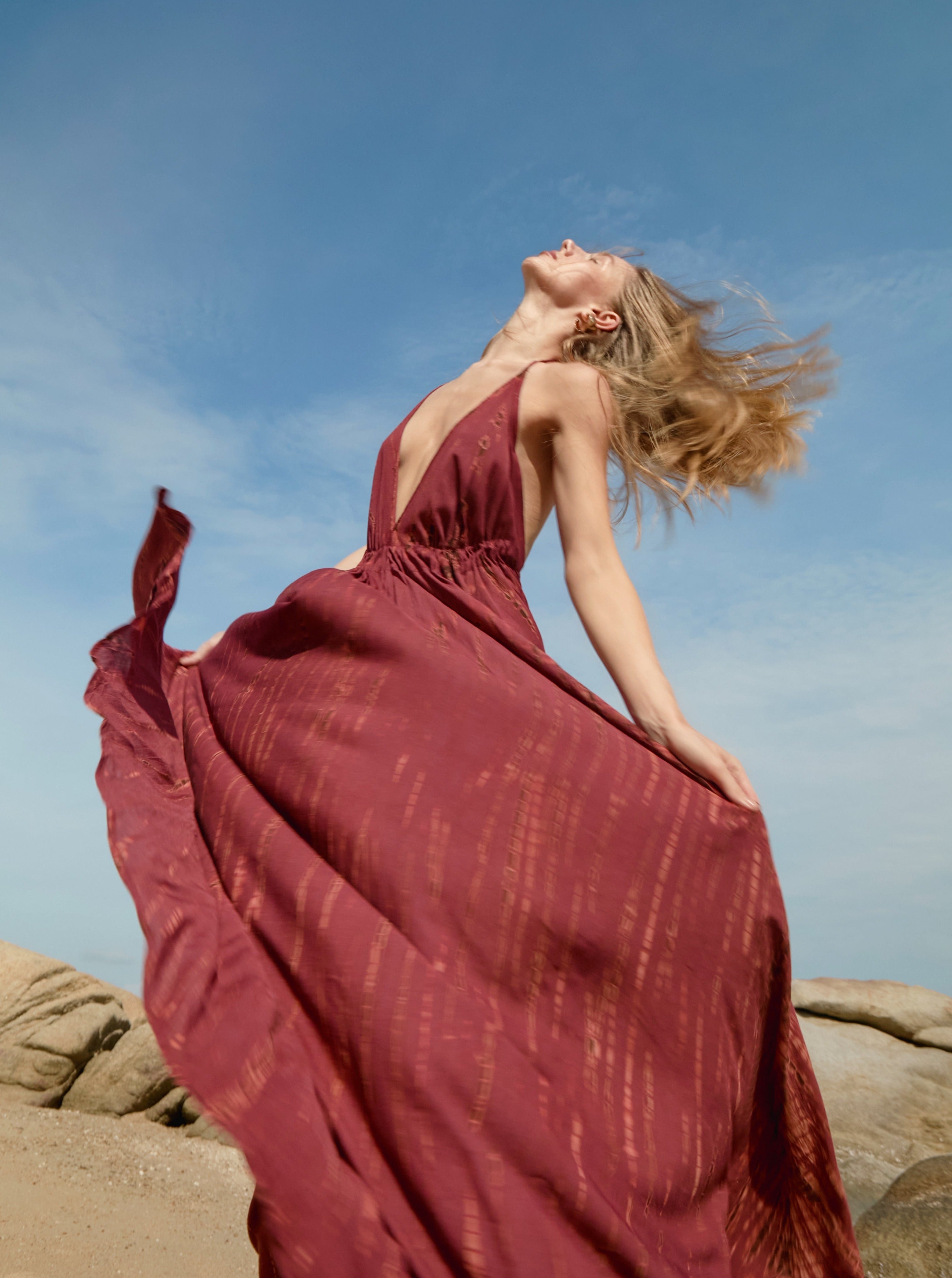 Shop TIE DYE OPEN BACK HALTER DRESS| Summer Maxi Dress | Tie dye Maxi Dress - Burgundy, Resortwear beach dress with Coco De Chom?